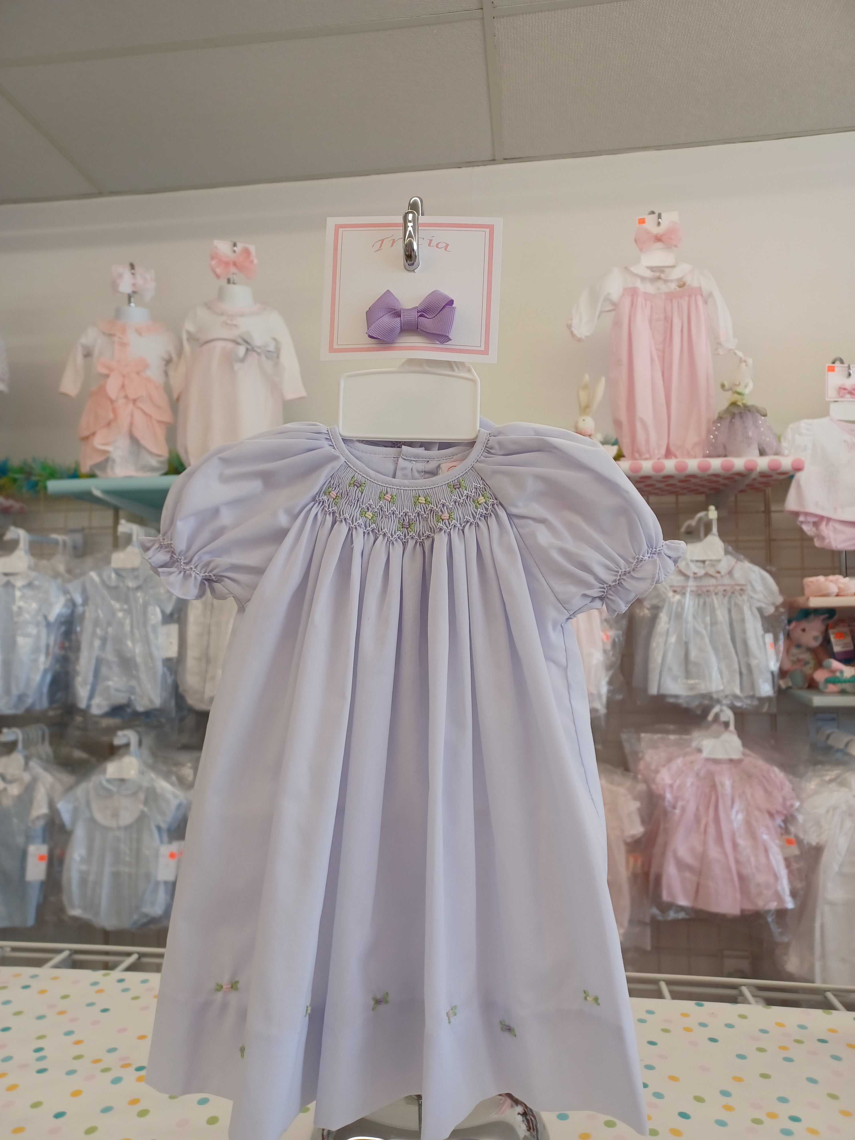 Preemie Lavender Smocked and Embroidered Dress With Bonnet
