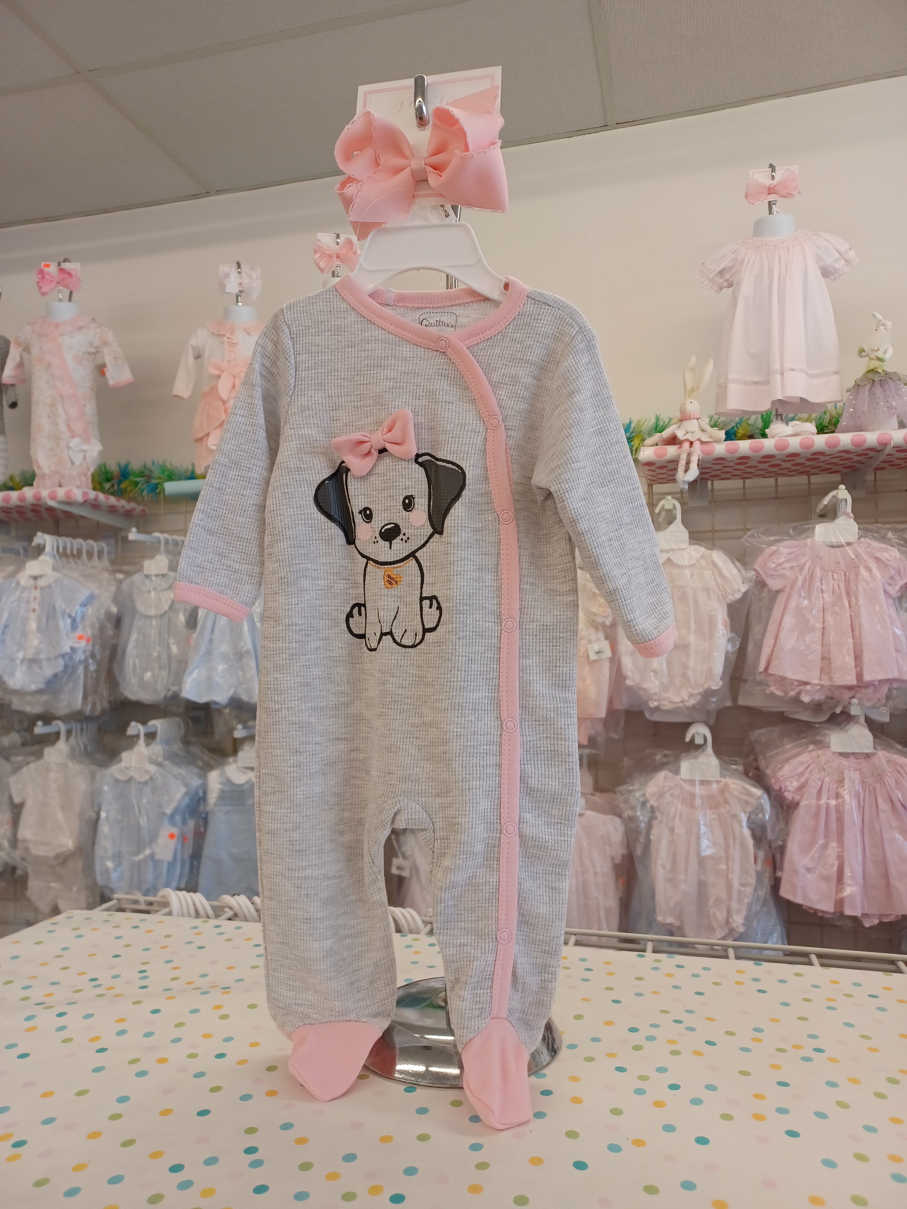 Grey 1pc with feet pink trim with puppy print