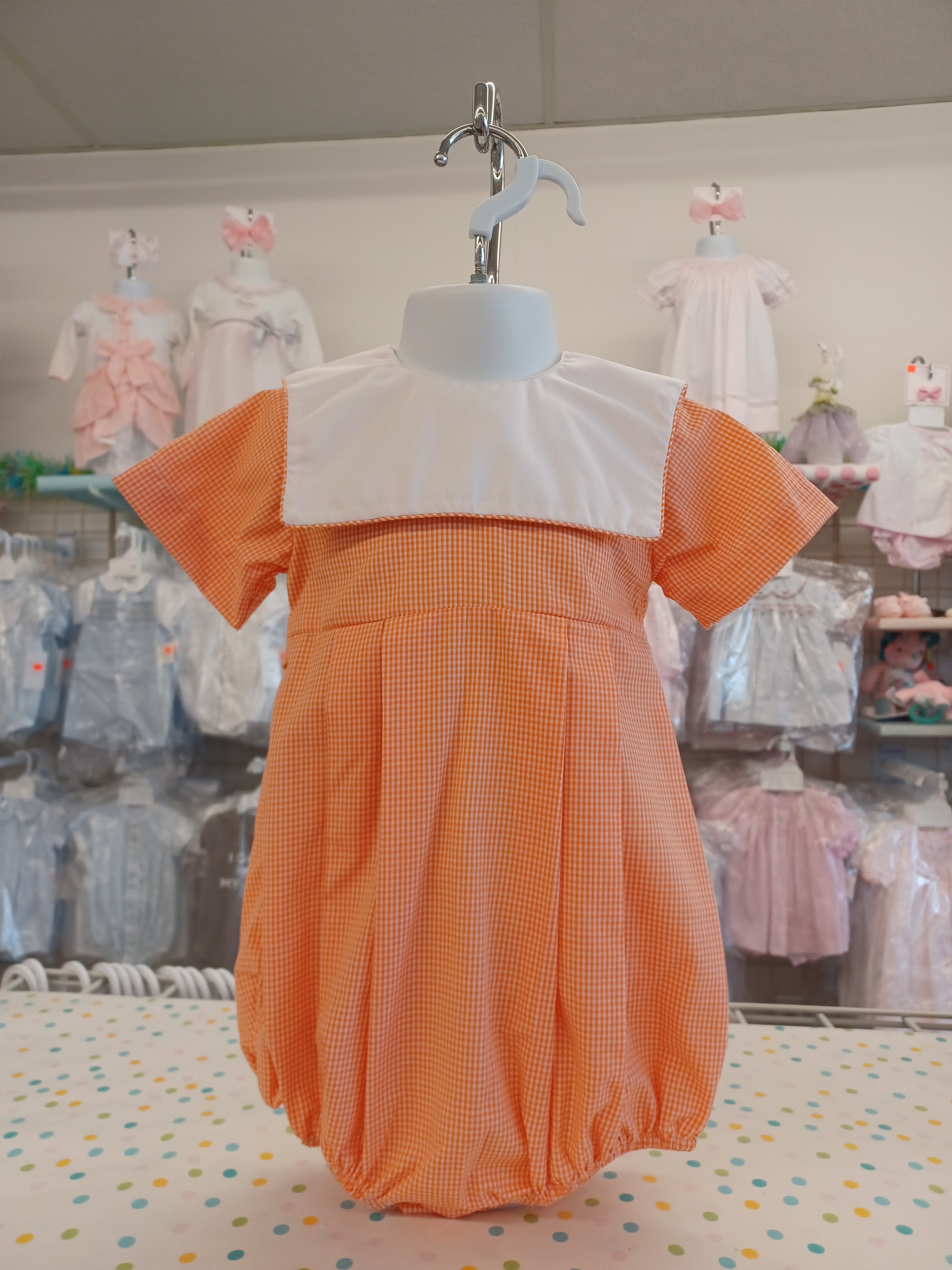 Boys orange and white gingham mongrammable bubble.