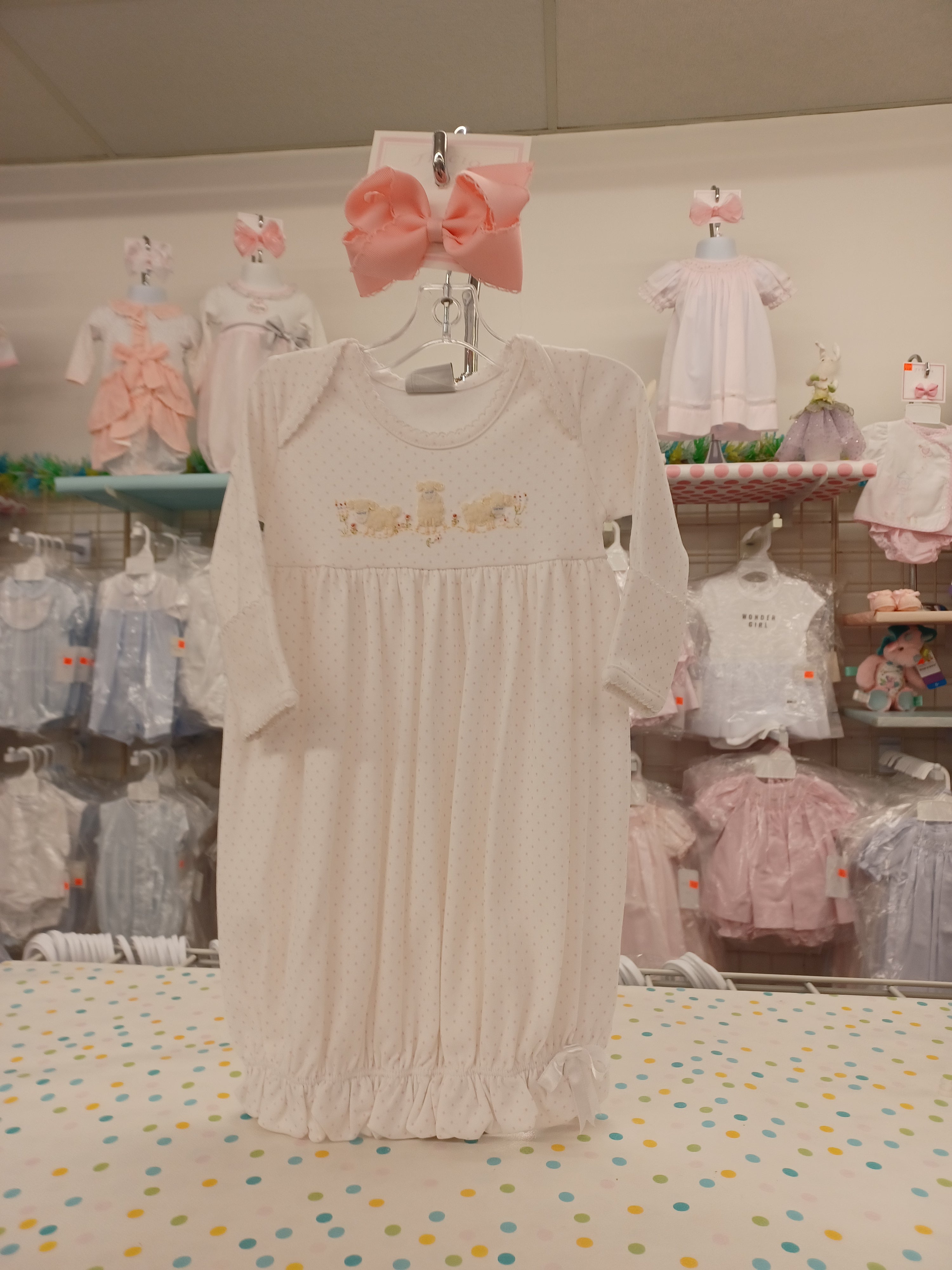 Newborn white knit gown with lambs