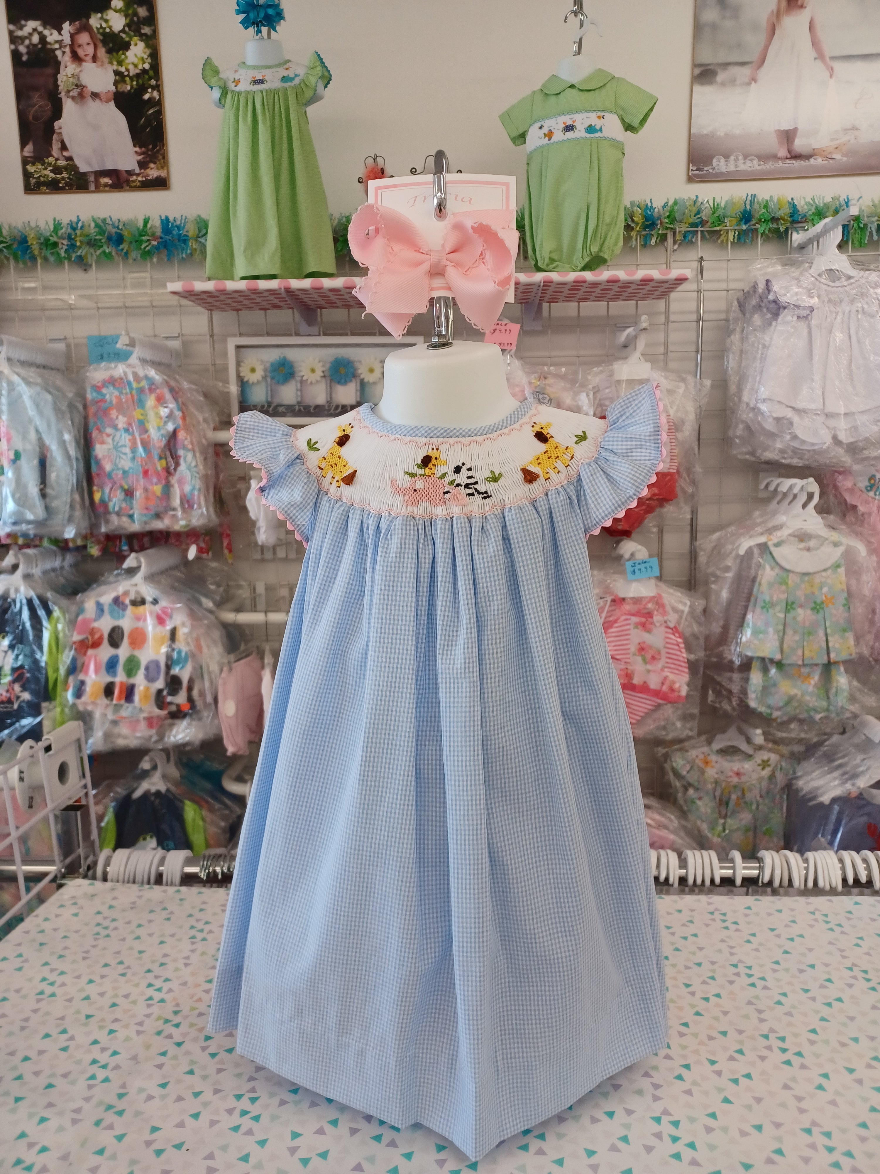 Girls Blue Smocked Dress With Animals Girls Blue Smocked Dress With Animals