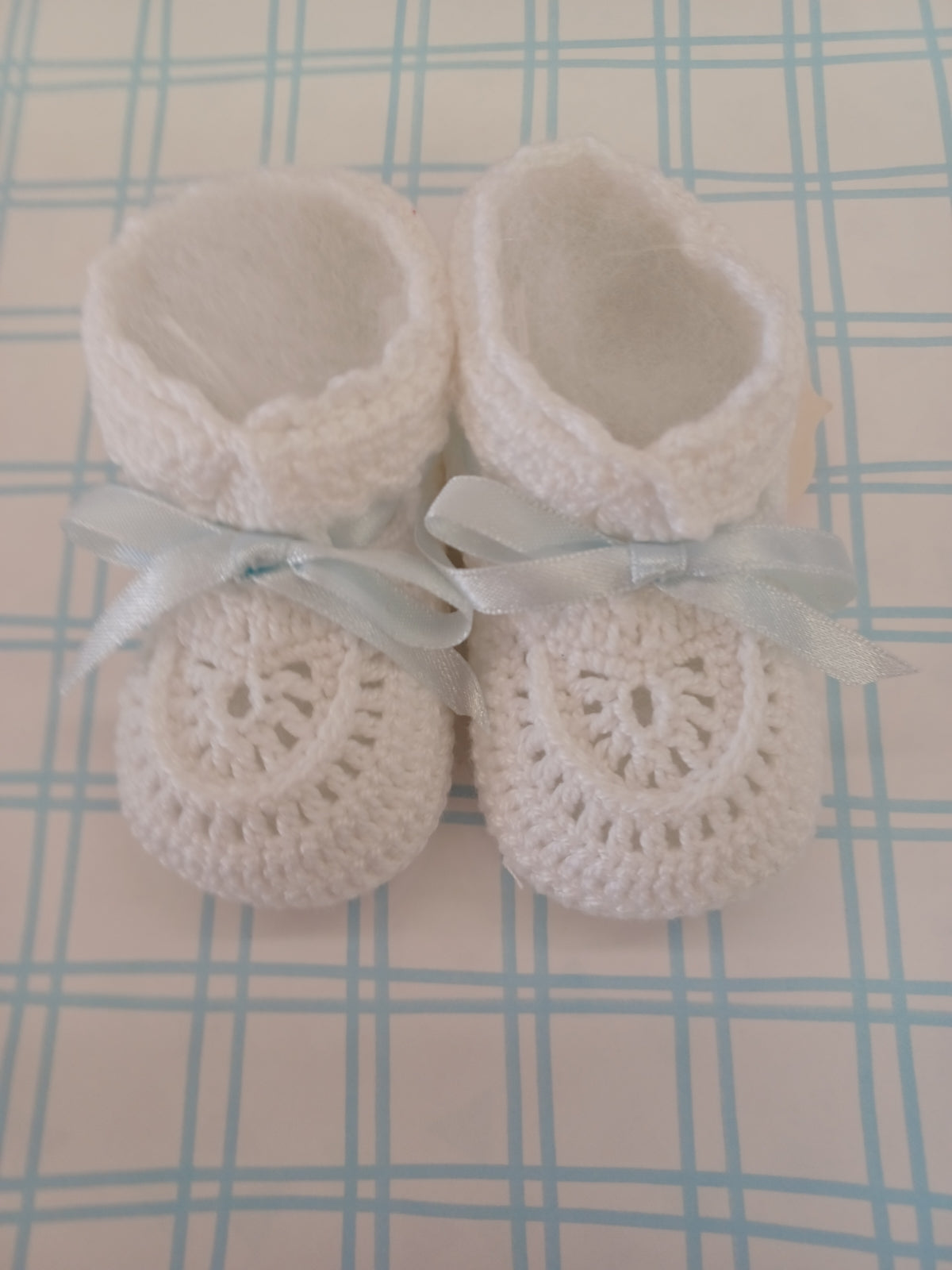 White Booties With Blue Ribbon