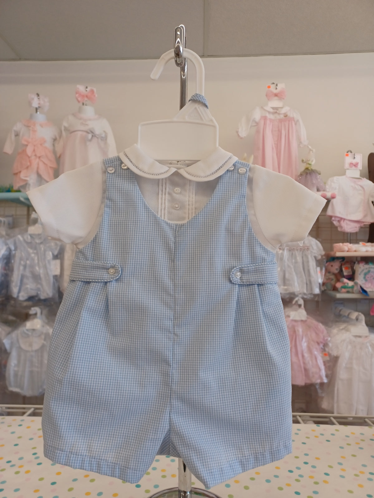 Preemie Boy's Blue Gingham Romper With With Hat
