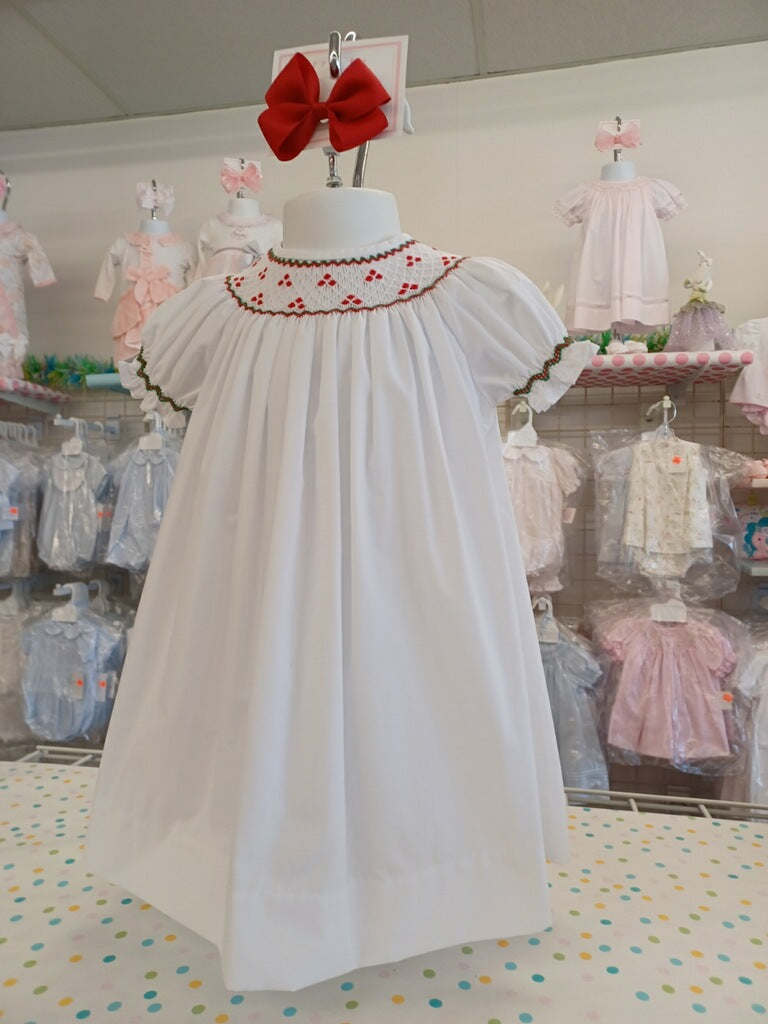 White Smocked Dress With Red and Green Trim