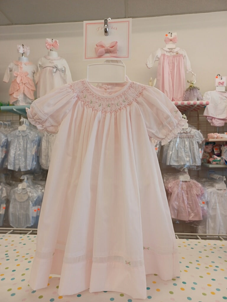 Preemie Pink Smocked and Embroidered Dress With Bonnet