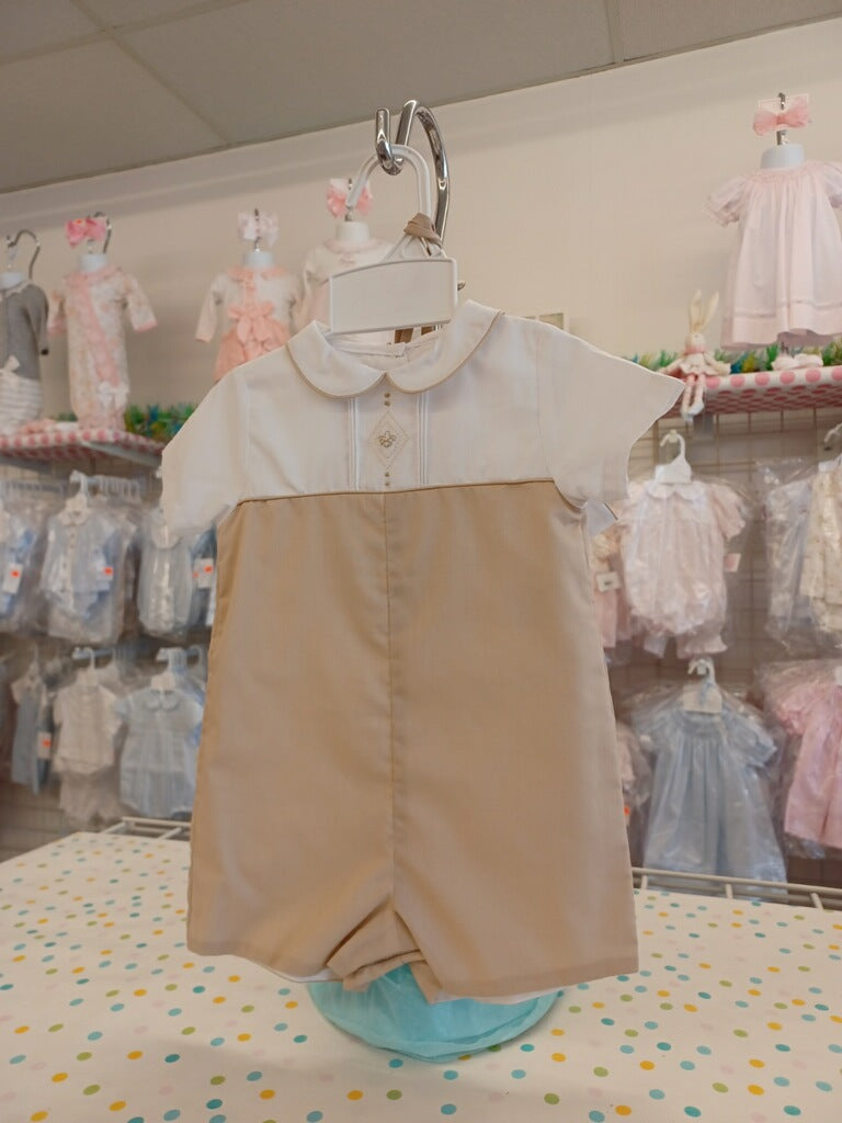 Tan and White Newborn Shortall With Hat