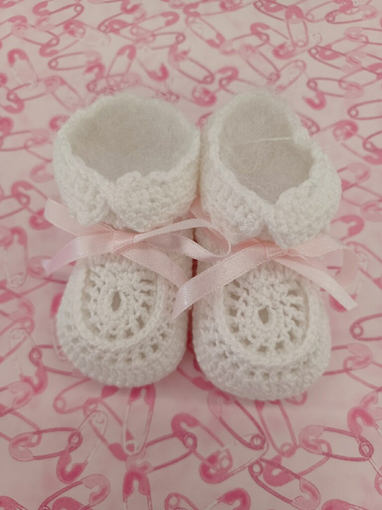 White Booties With Pink Ribbon