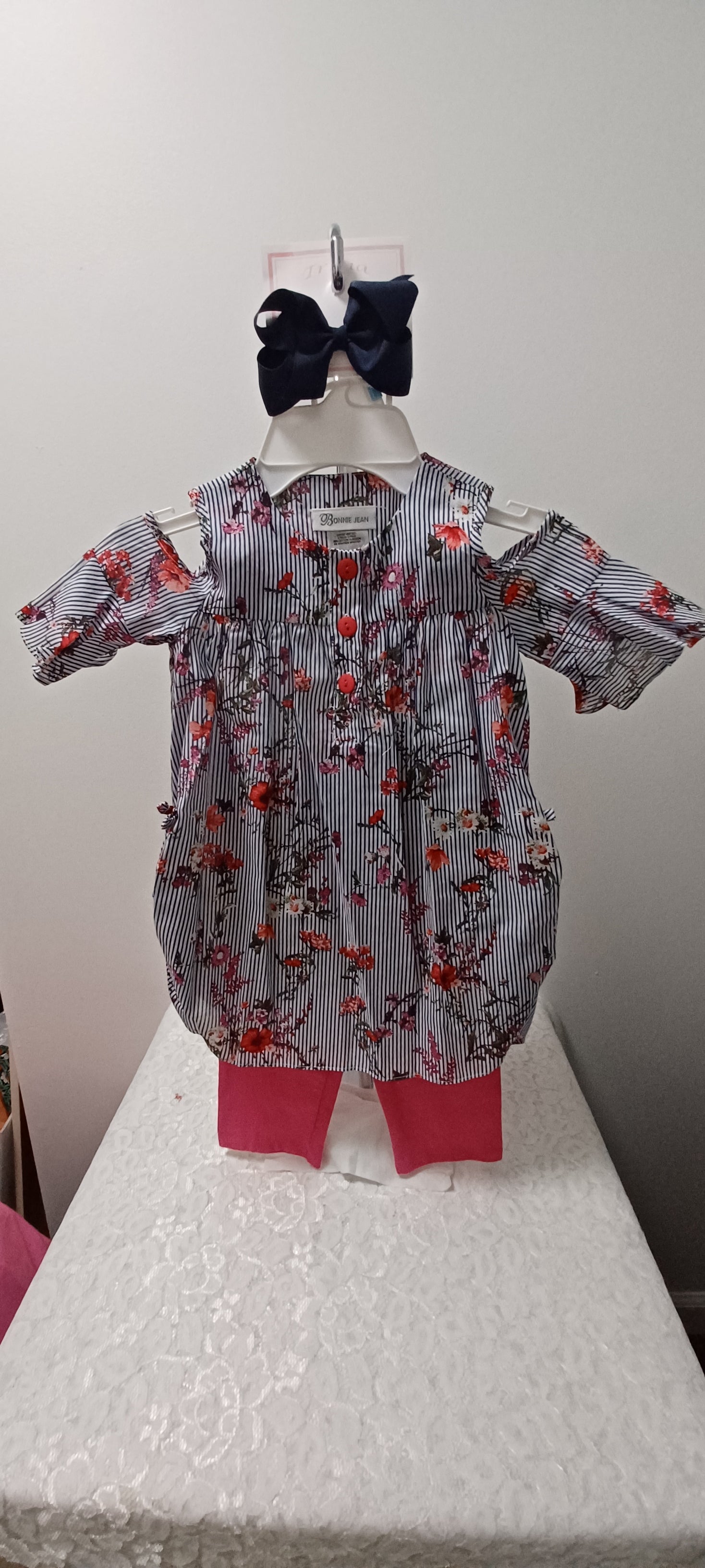 Girls Navy And Pink Flower Print Capri Set Size 5