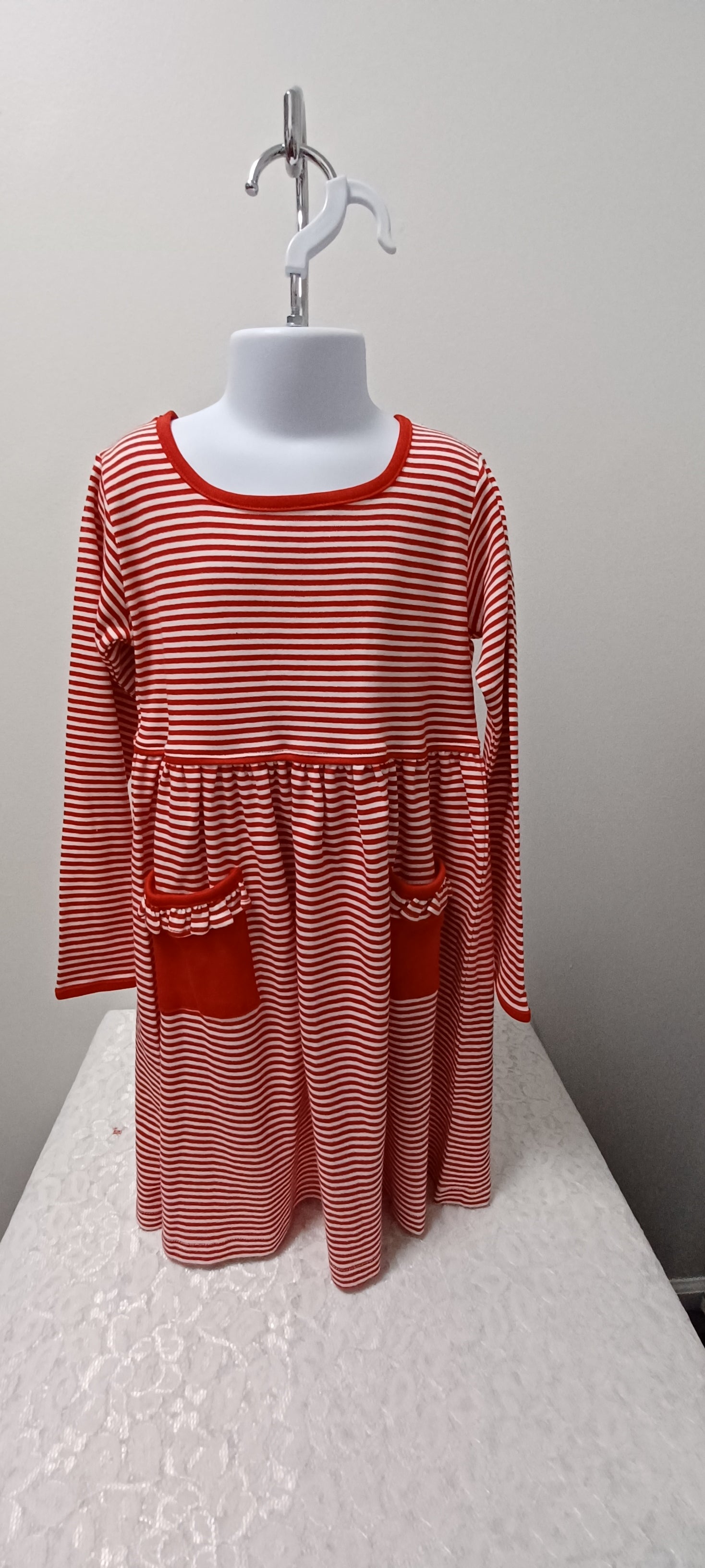 Girls Red and White Knit Dress With Pockets and Red Trim