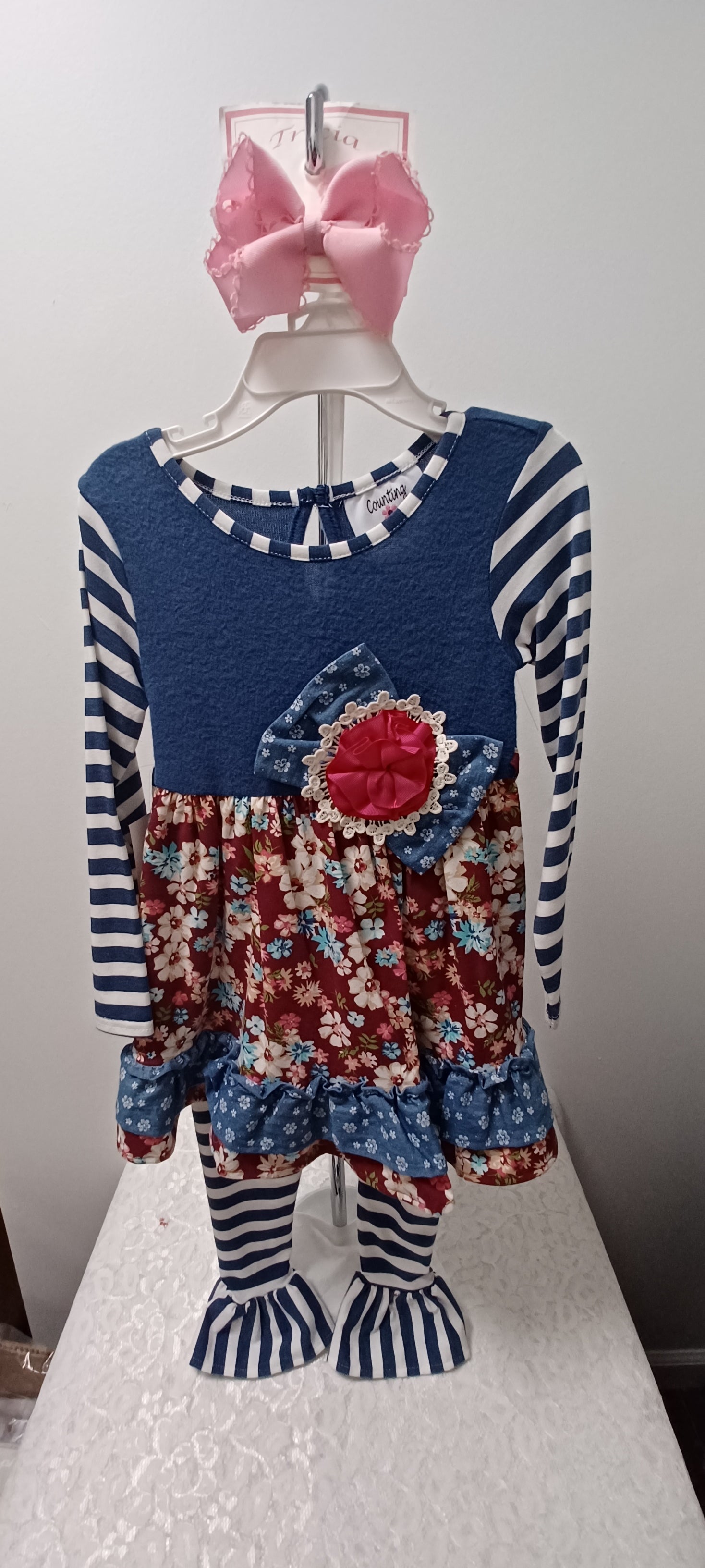 Girls Blue And Burgundy Flower Print Pant Set With Ruffles