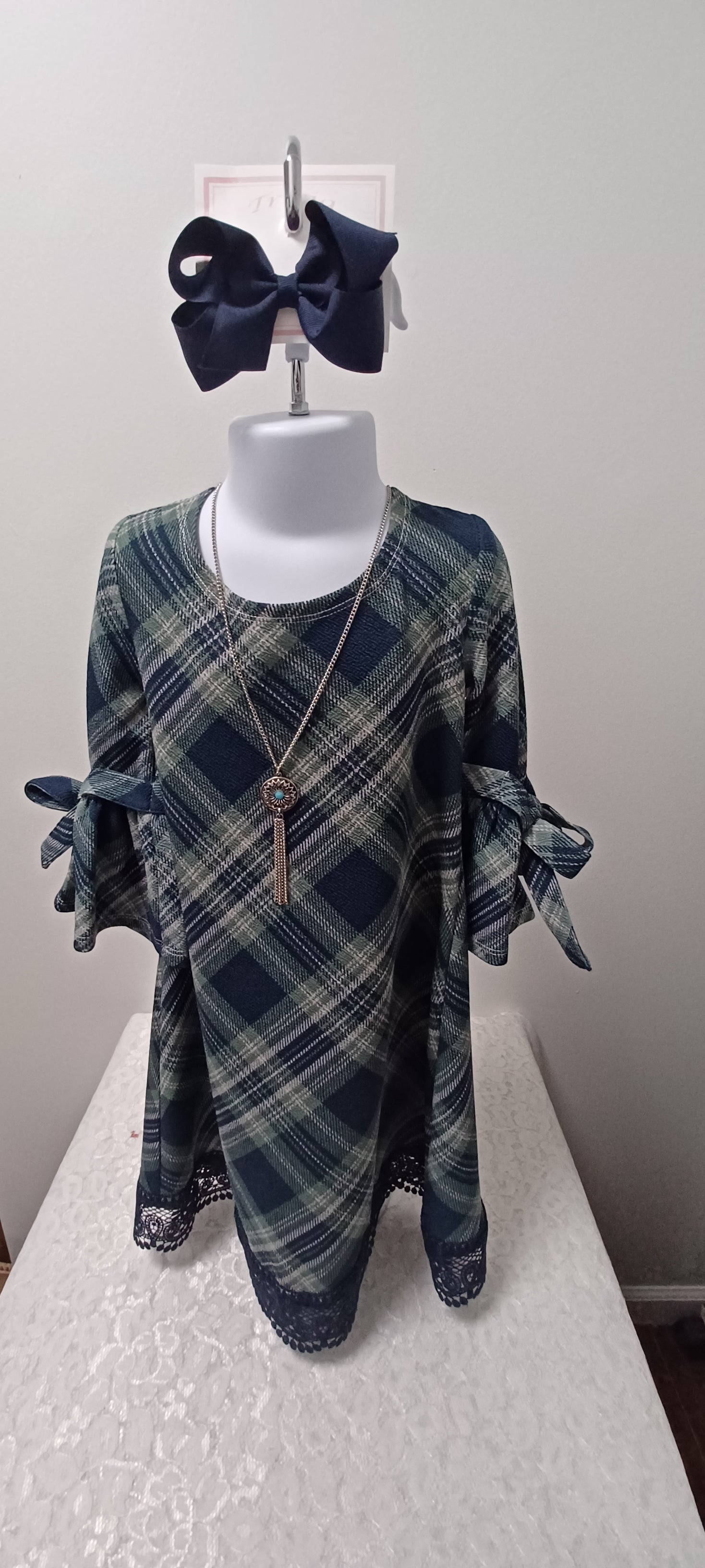 Navy and Green Plaid Dress With Bows on the Sleeves With Necklace