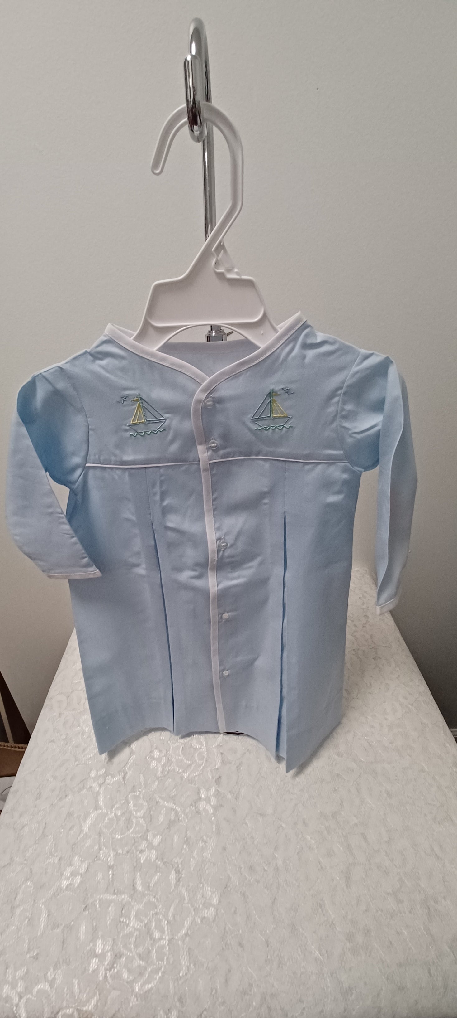 Boys Newborn Blue Gown With Embroidery Sailboats