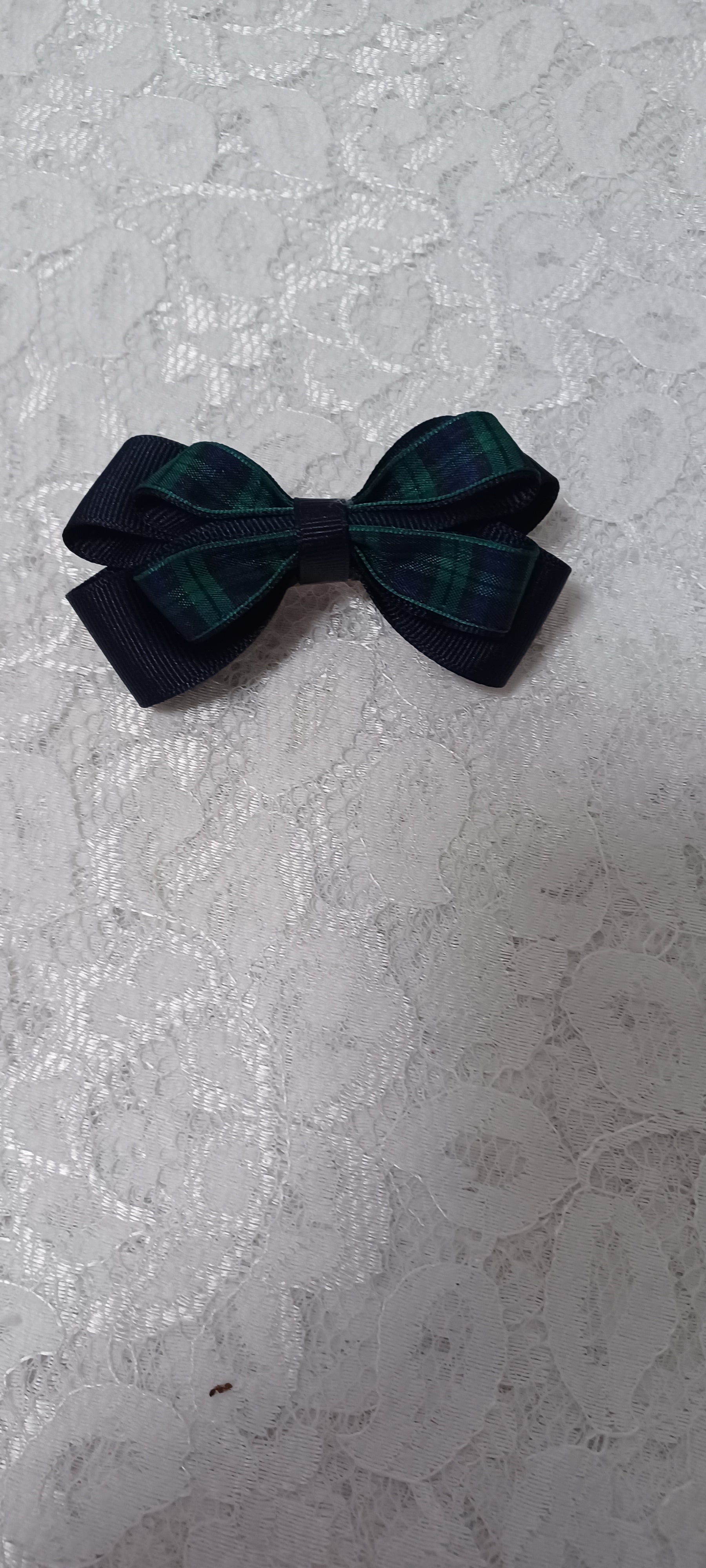 Navy Barrette Hairbow With Navy And Green Overlay Bow
