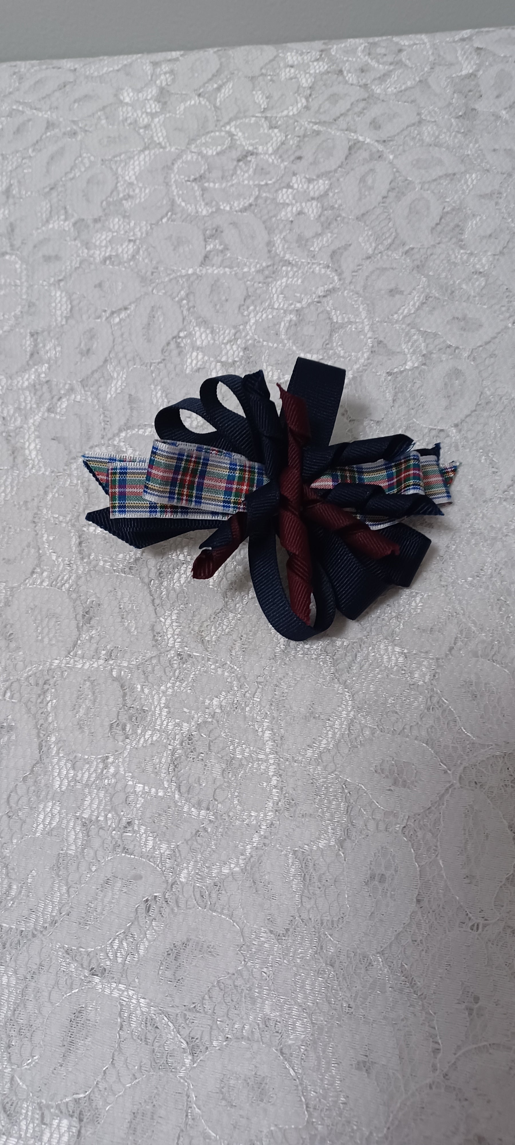 Navy And Burgundy Plaid Barrette Hair Bow