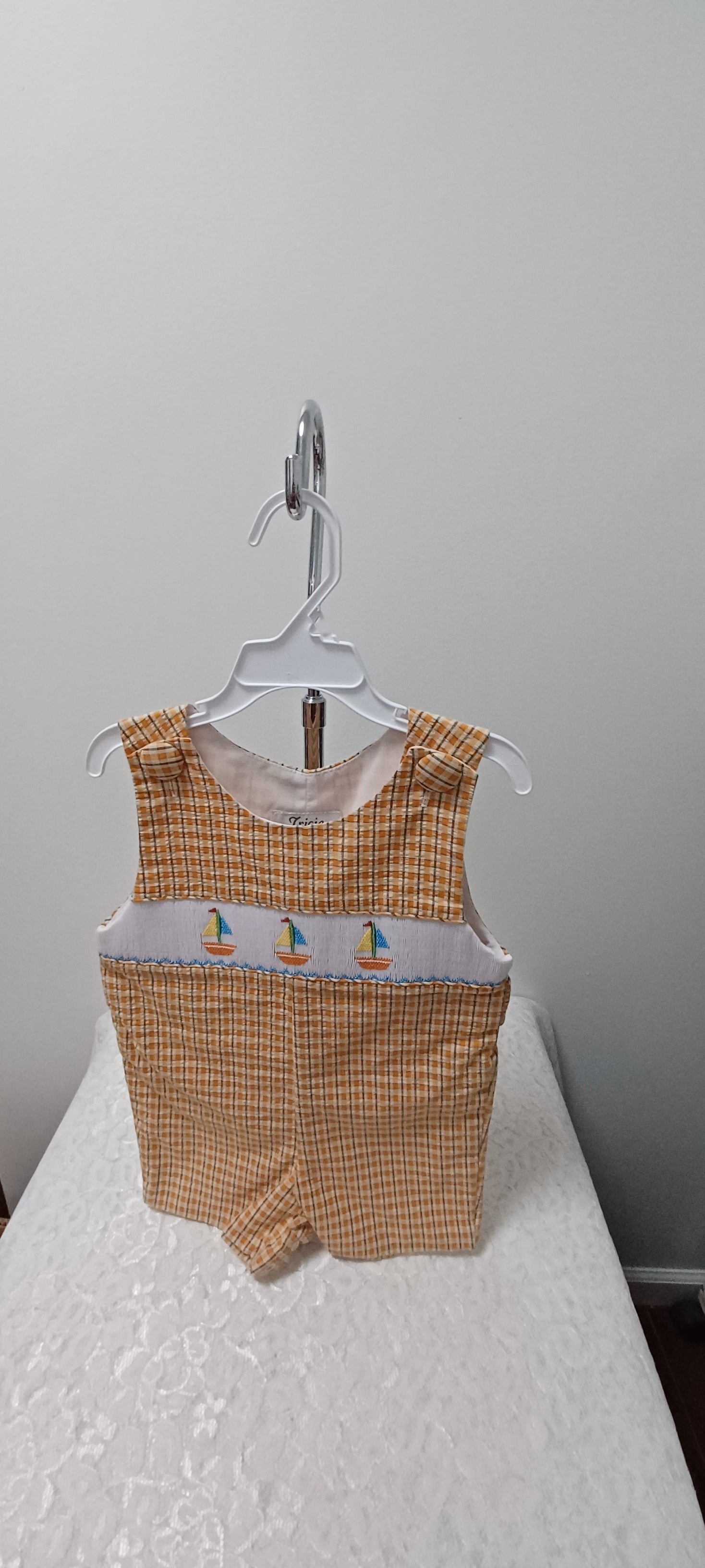 Boys Orange And Blue Gingham Shortall With Smocked Sailboats