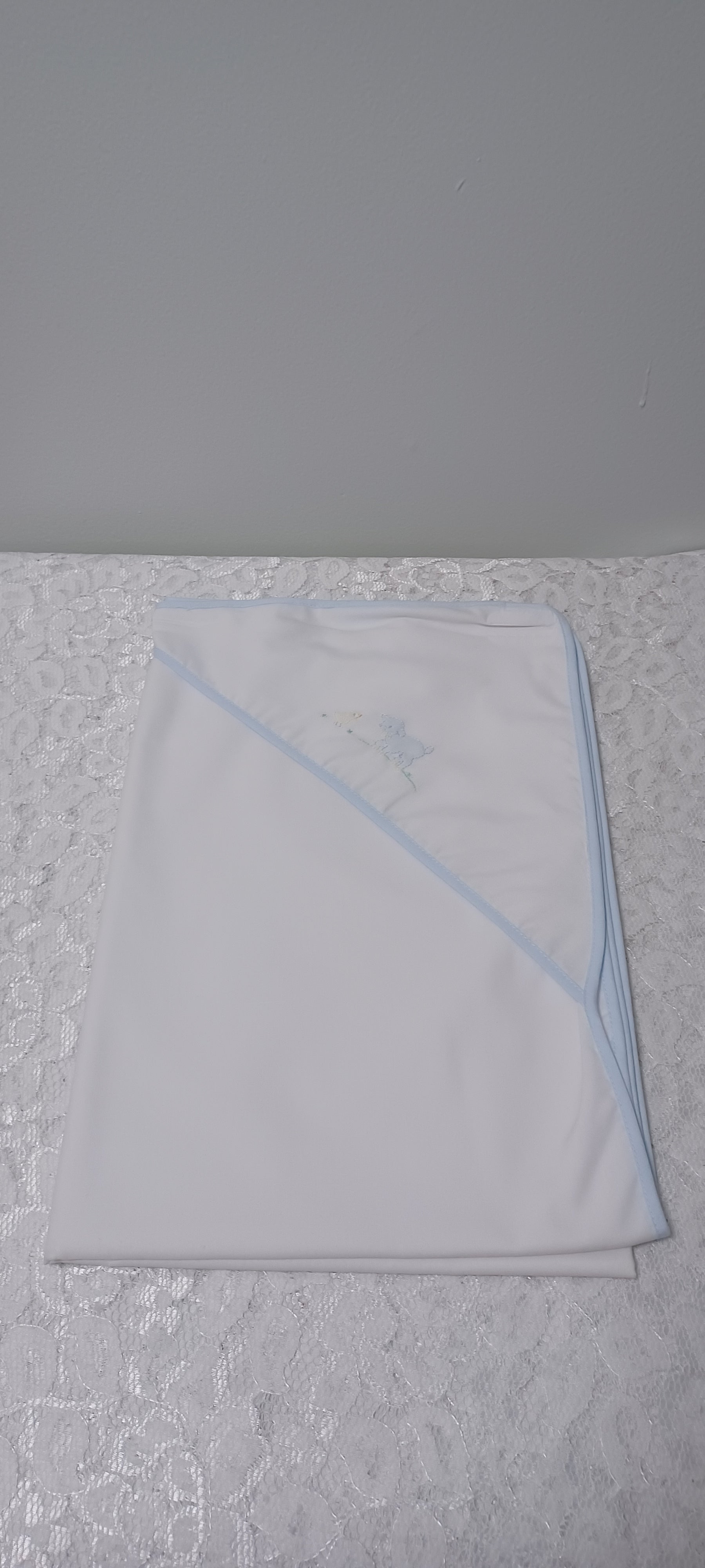 White Hooded Blanket With Embroidery Blue Lamb And Blue Trim