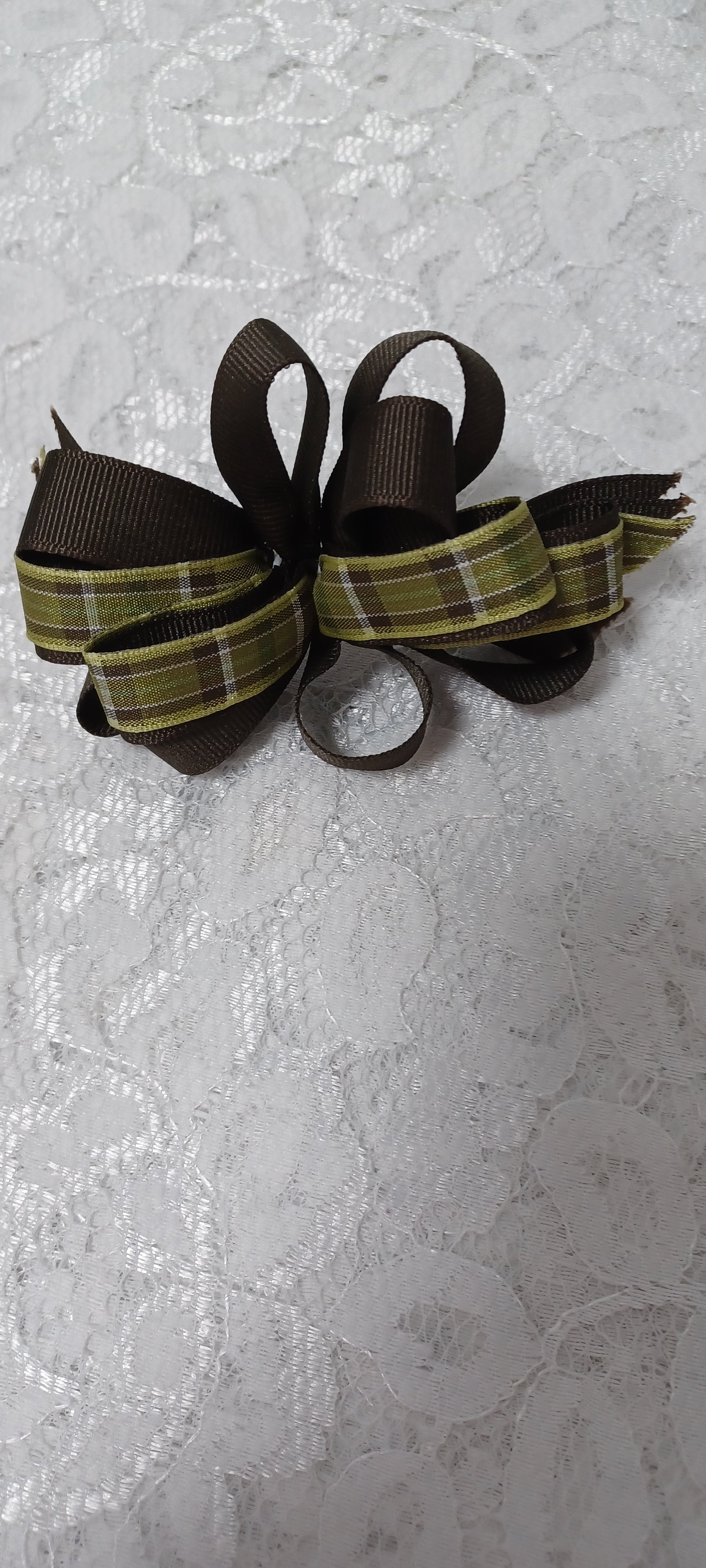Brown Barrette Hairbow With Brown And Green Plaid Ribbon