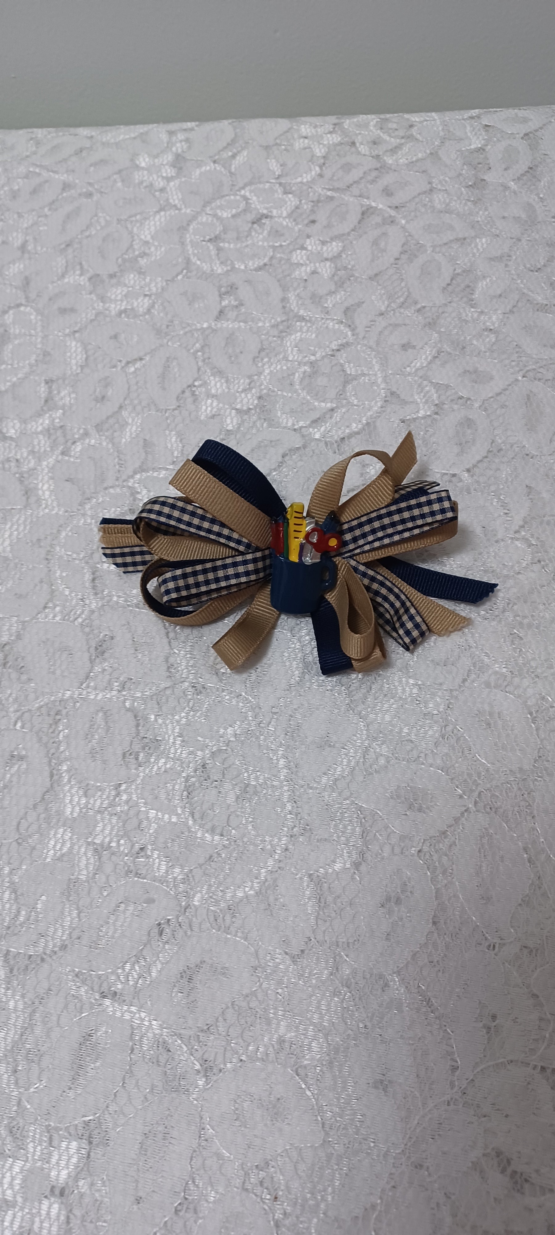 Back To School Navy and Tan Gingham Barrette Hair Bow