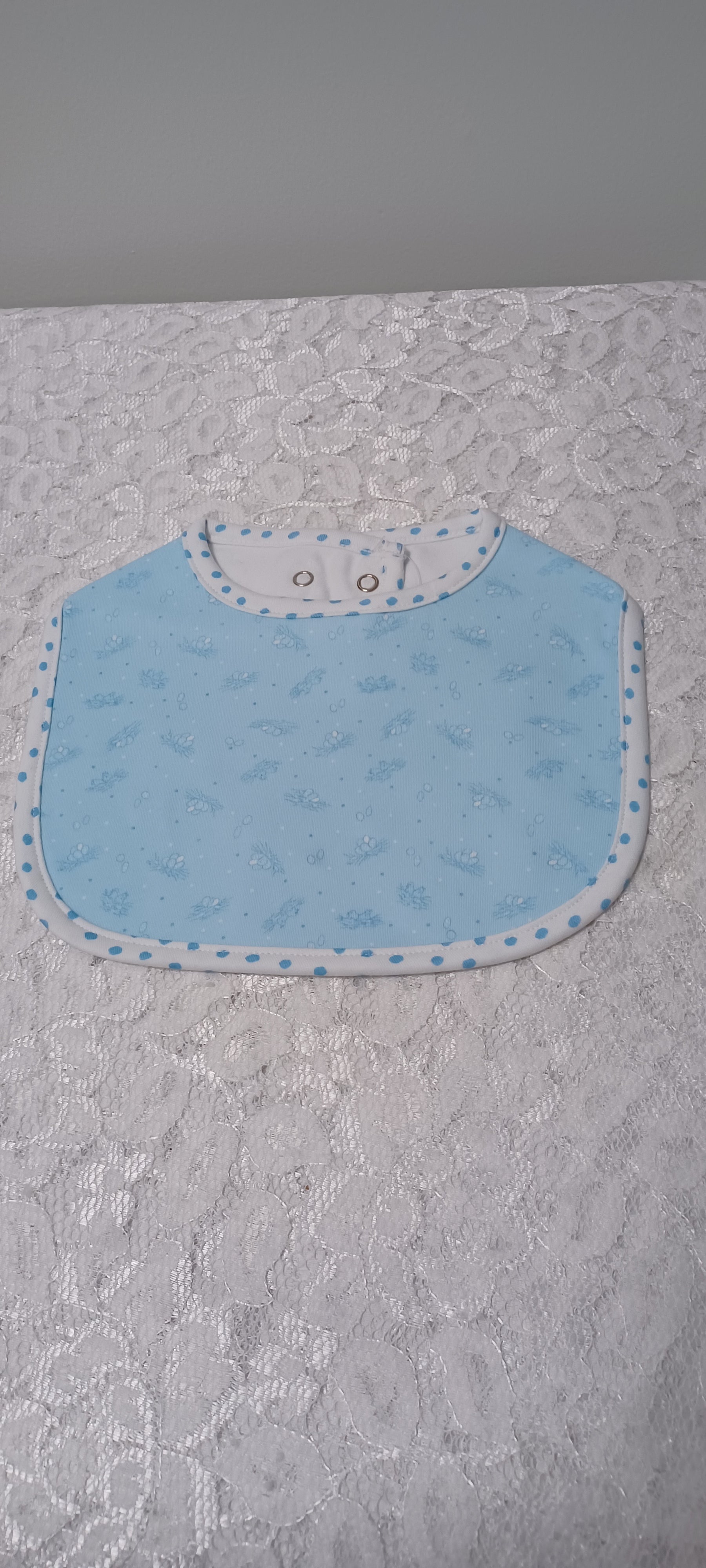 Blue Print Bib With Dot Trim