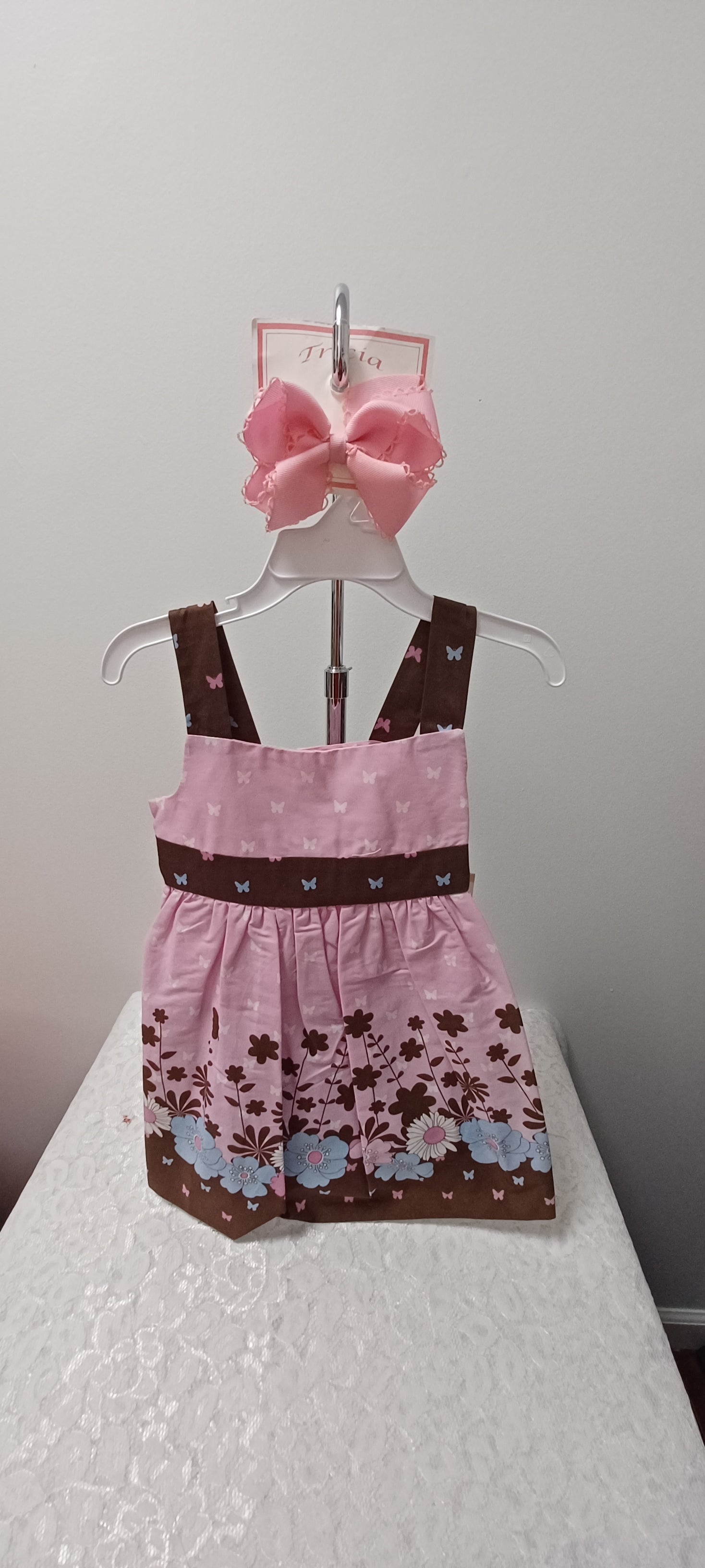 Girls Pink and Brown Sundress With Flowers and Butterflies