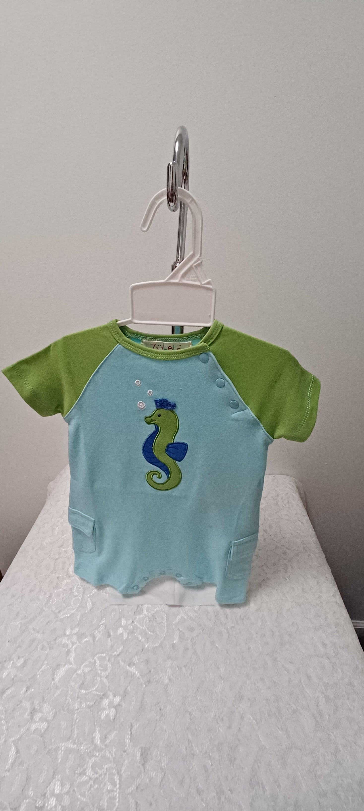 One Pc Knit Blue And Green Outfit With Applique Seahorse
