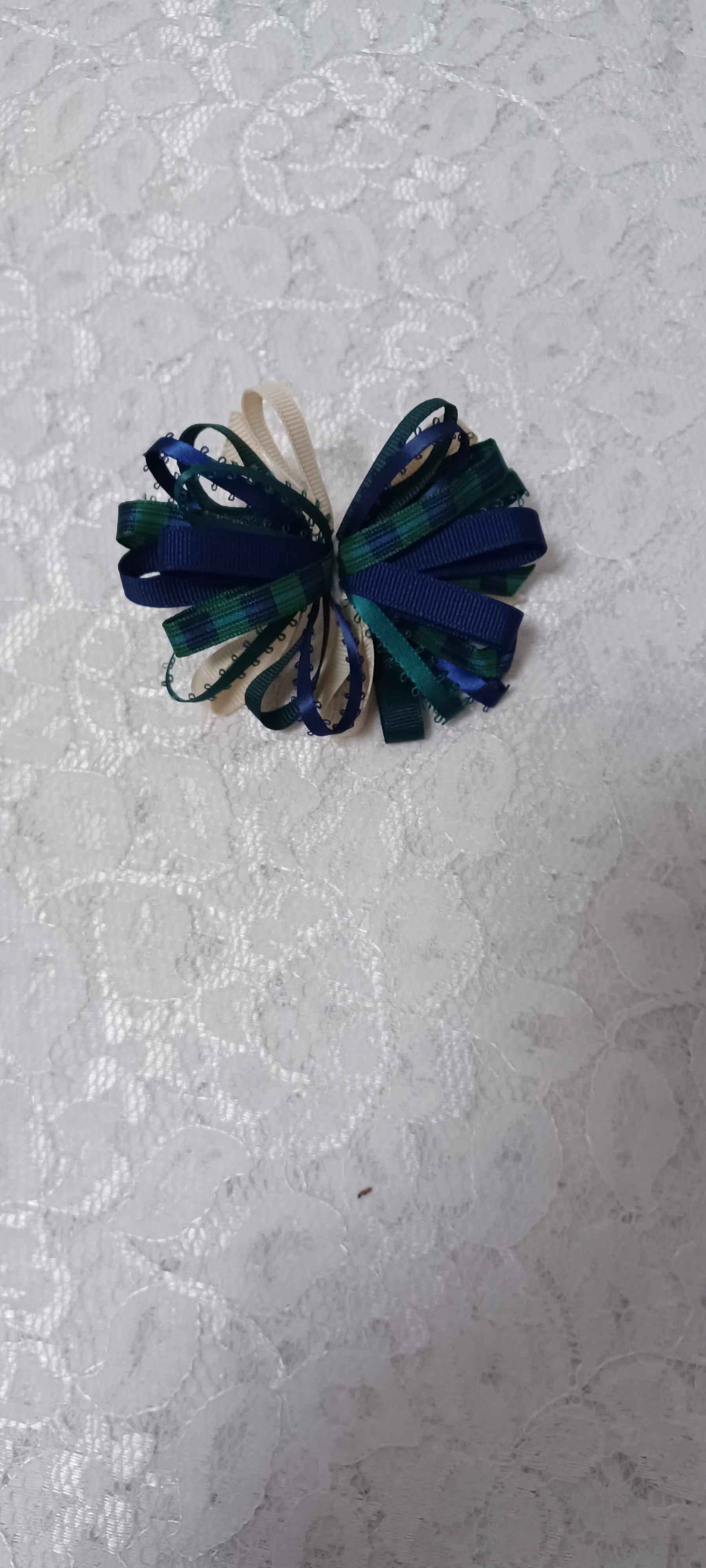 Navy Green Off White Barrette Hairbow With Navy And Green Plaid Ribbon