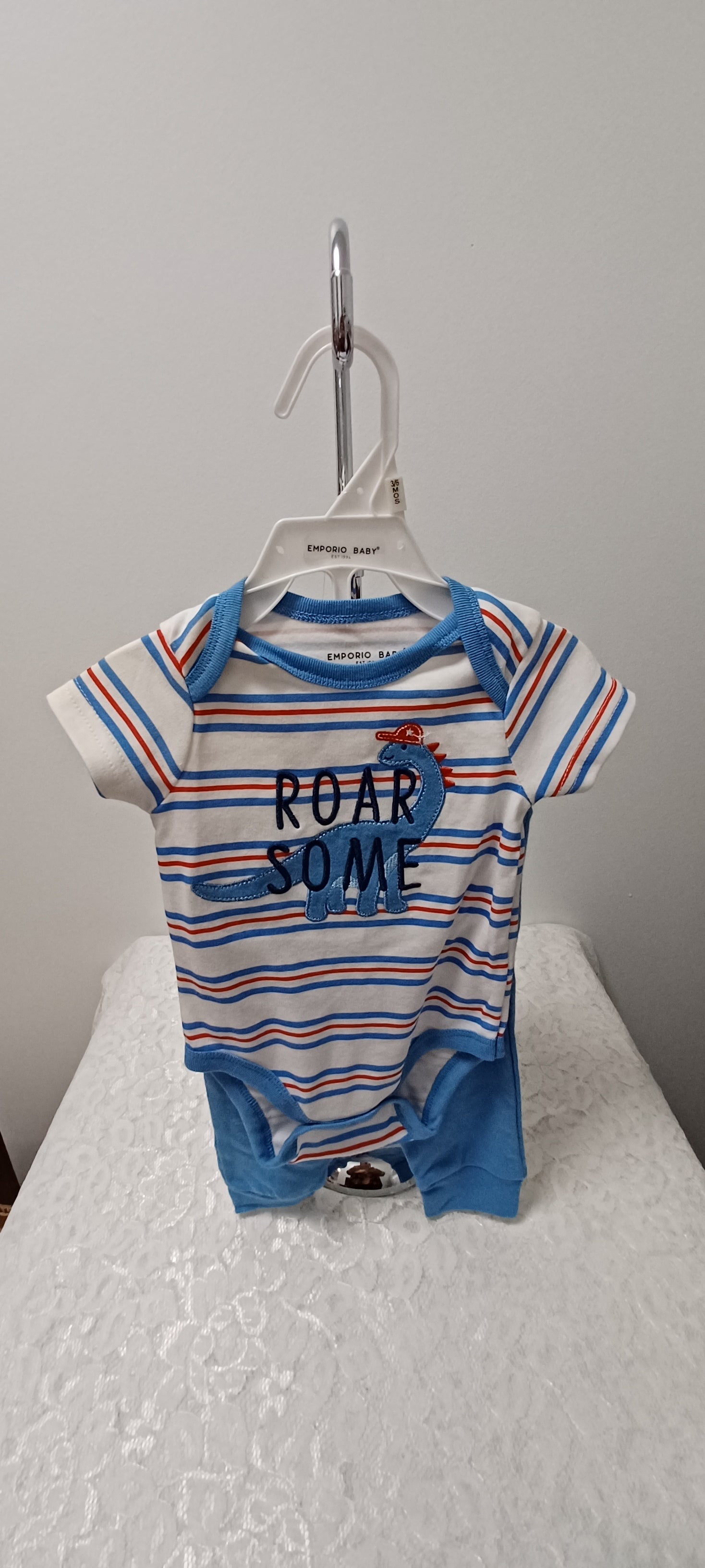 Boys Blue And White Pant Set With Applique Dino