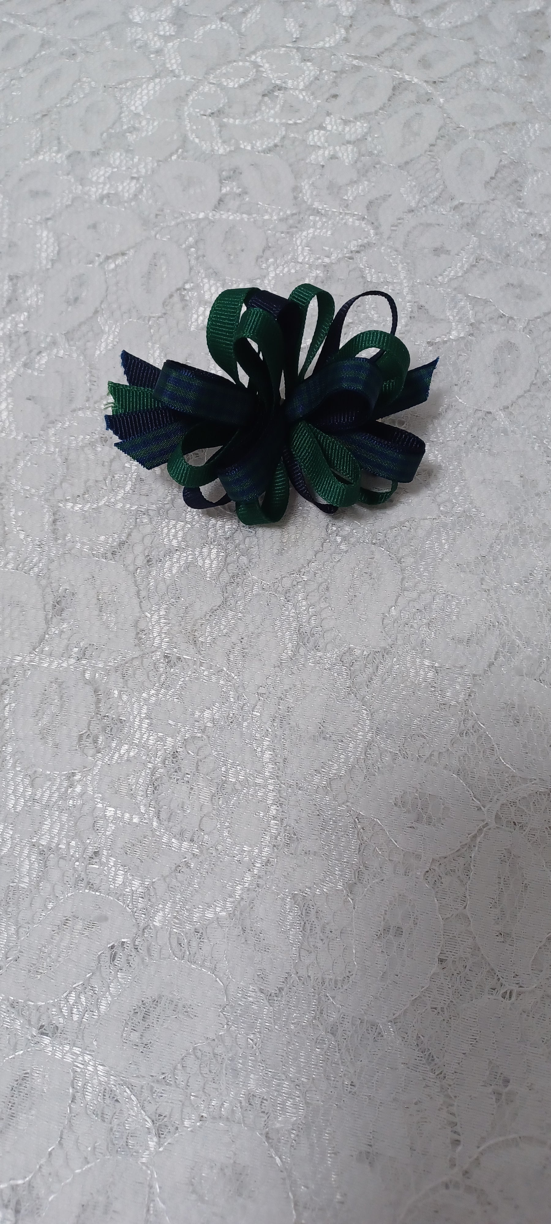 Green And Navy Barrette Hair Bow With Navy And Green Gingham Check Ribbon