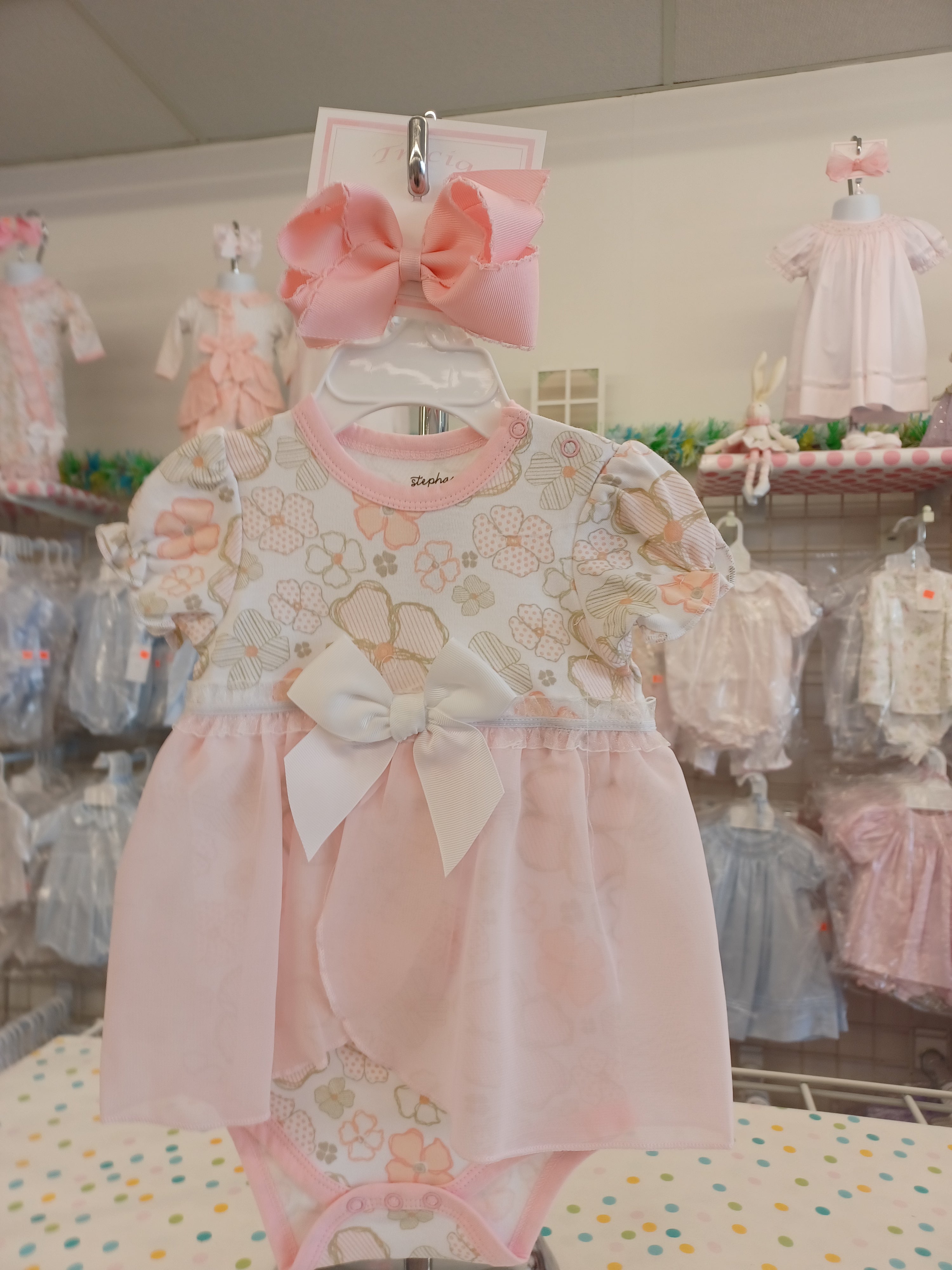 Girls Pink and White Posey Print Knit Bubble With White Bow