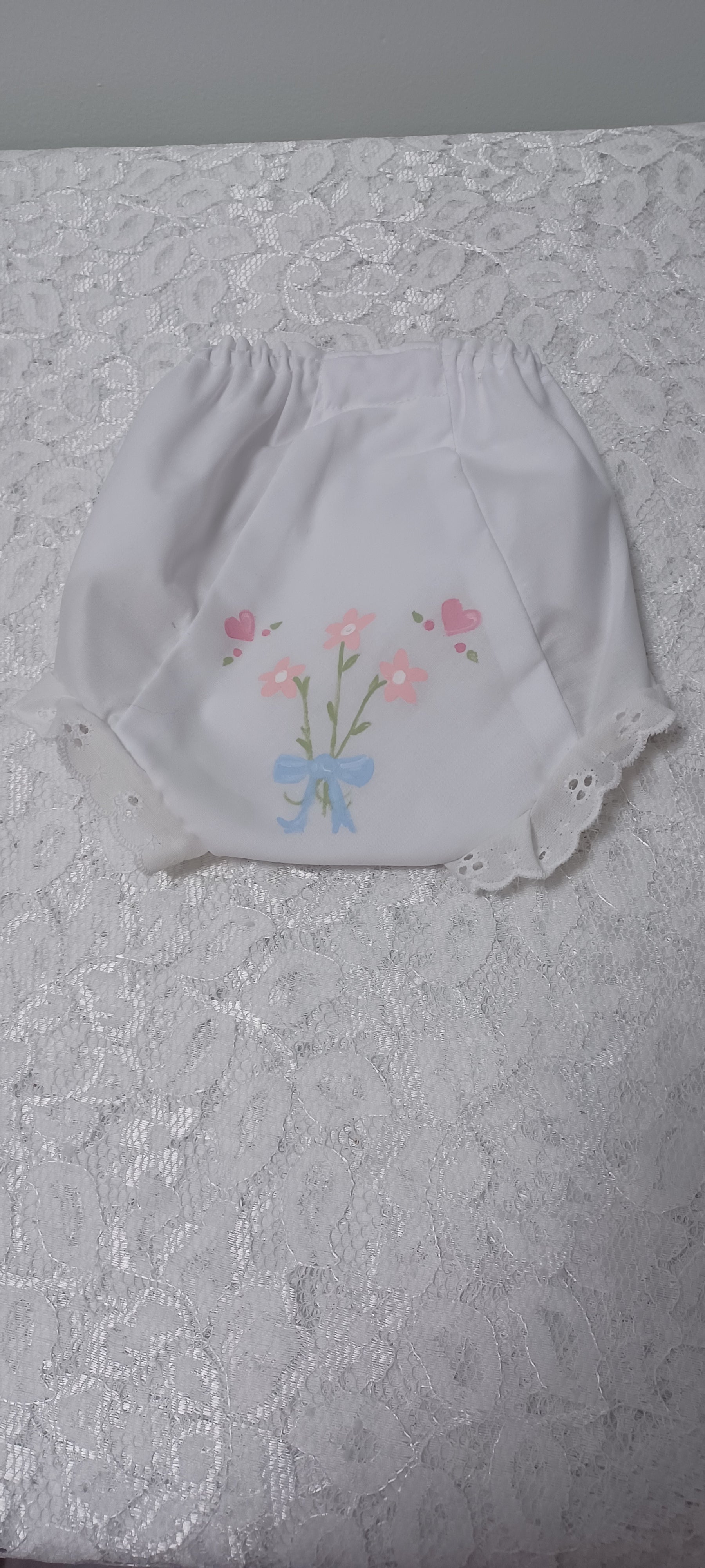 Girls White Diaper Cover With Hand Painted Flowers