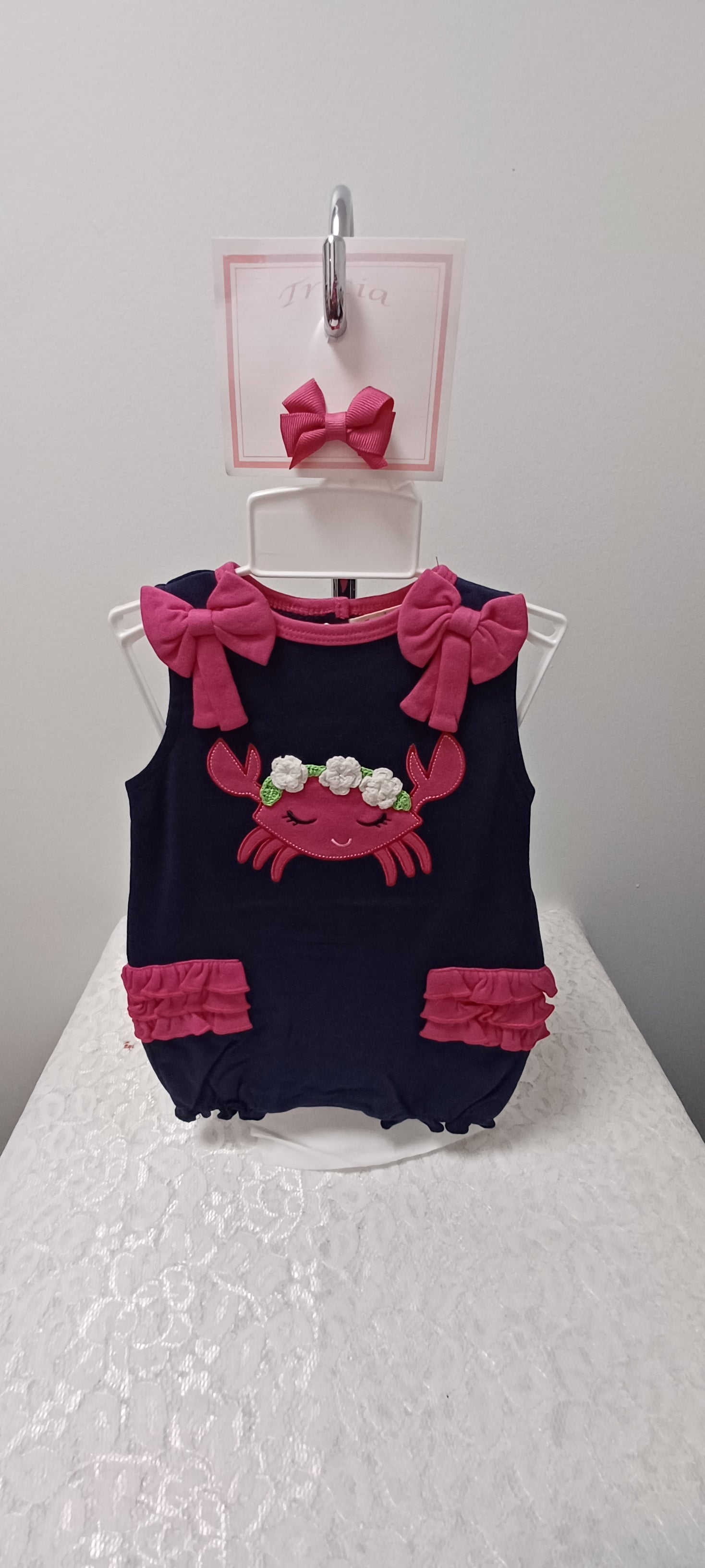 Hot Pink and Navy Knit Bubble With Crab Applique