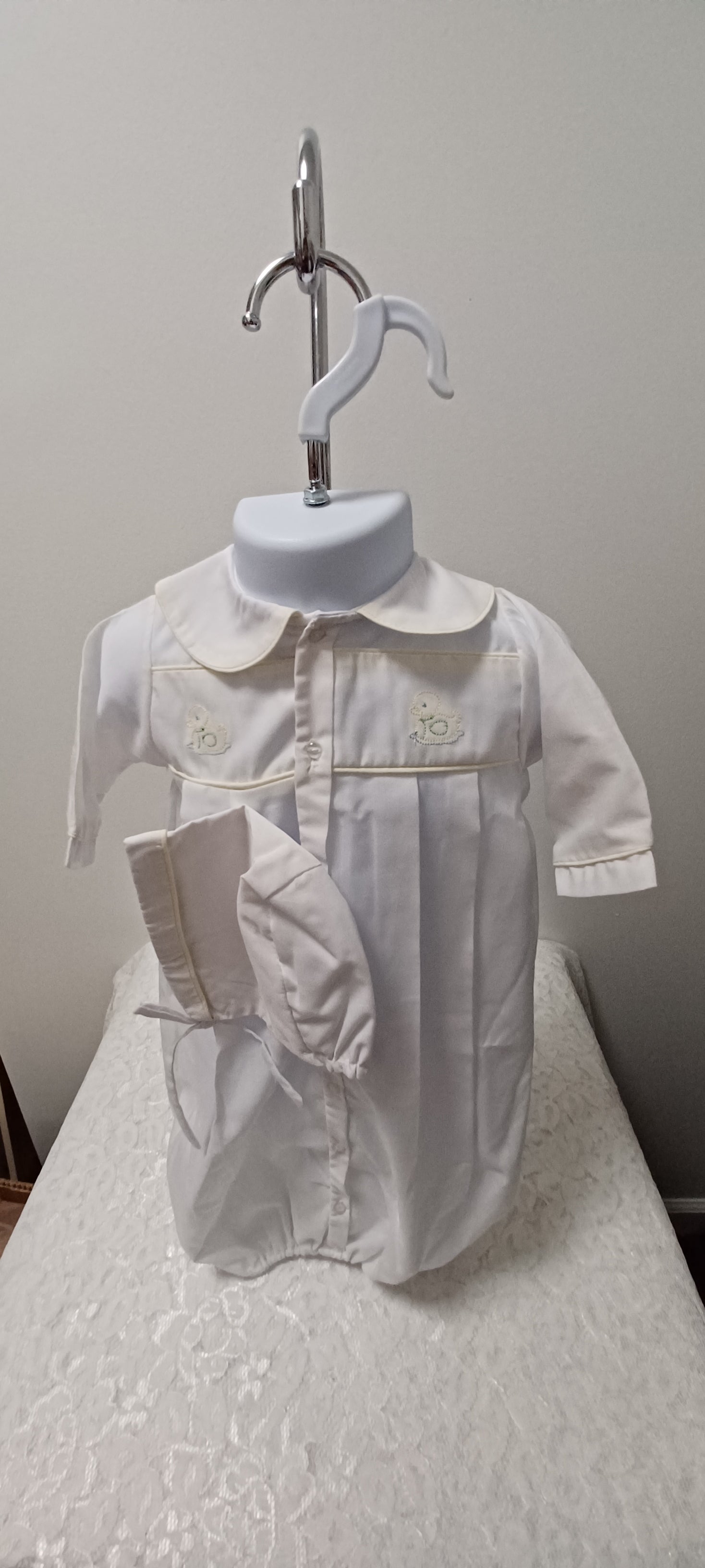 White Gown With Yellow Ducks  Embroidery With Matching Hat