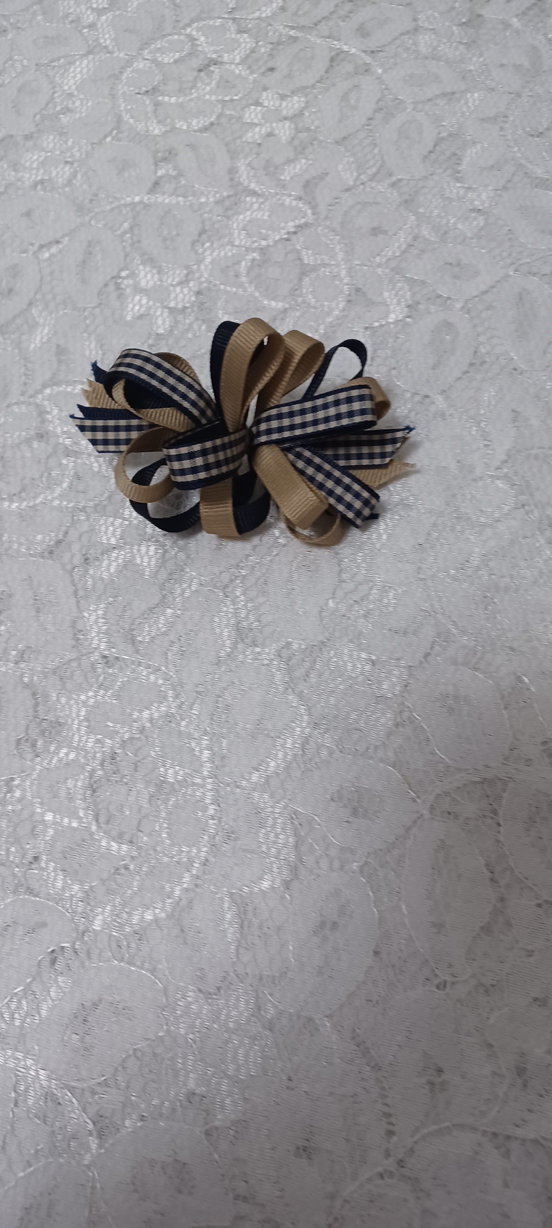 Navy And Tan Barrette Bow With Navy And Tan Gingham Ribbon