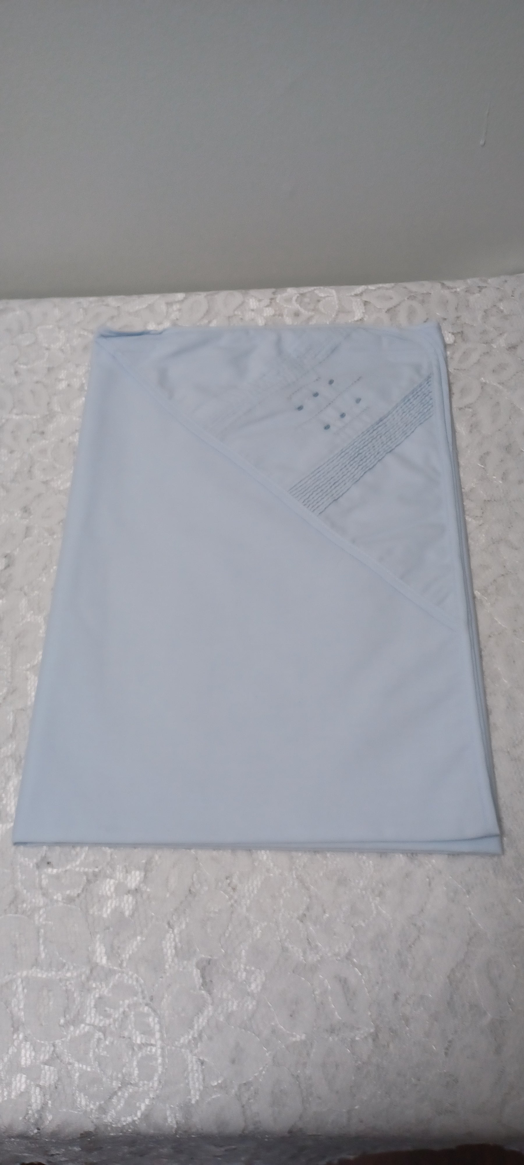 Blue Hooded Blanket With Embroidery And Tucks