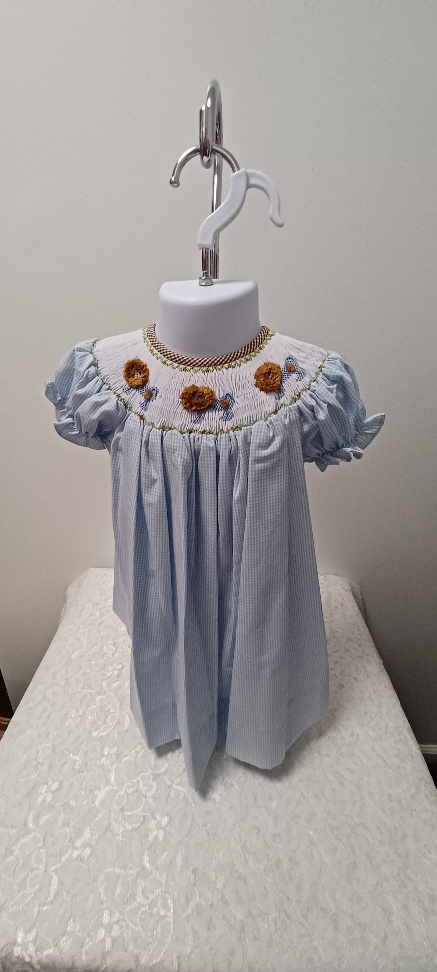 Girls Handmade Blue Gingham Dress With Smocked Lions