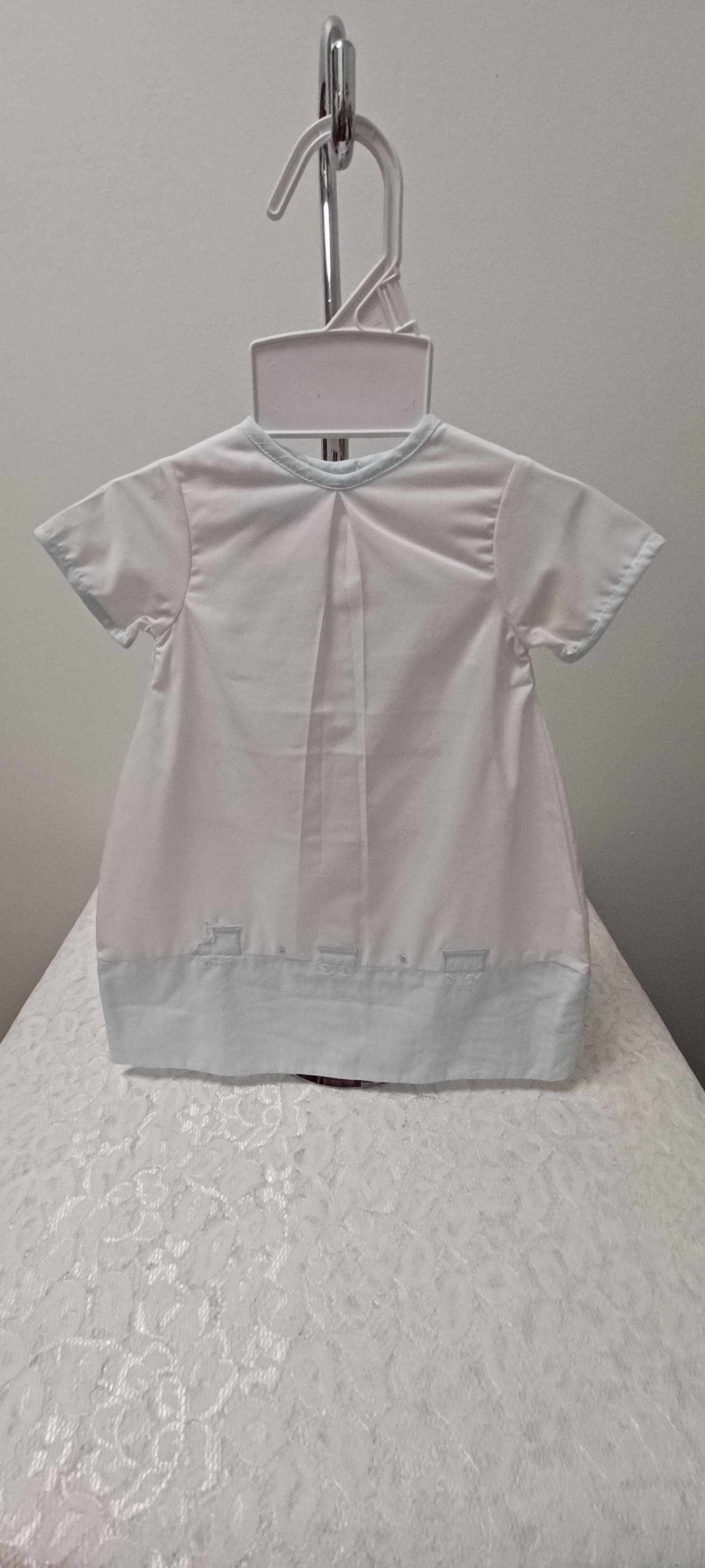 Preemie Boy's White Gown With Blue Trim and Train Applique