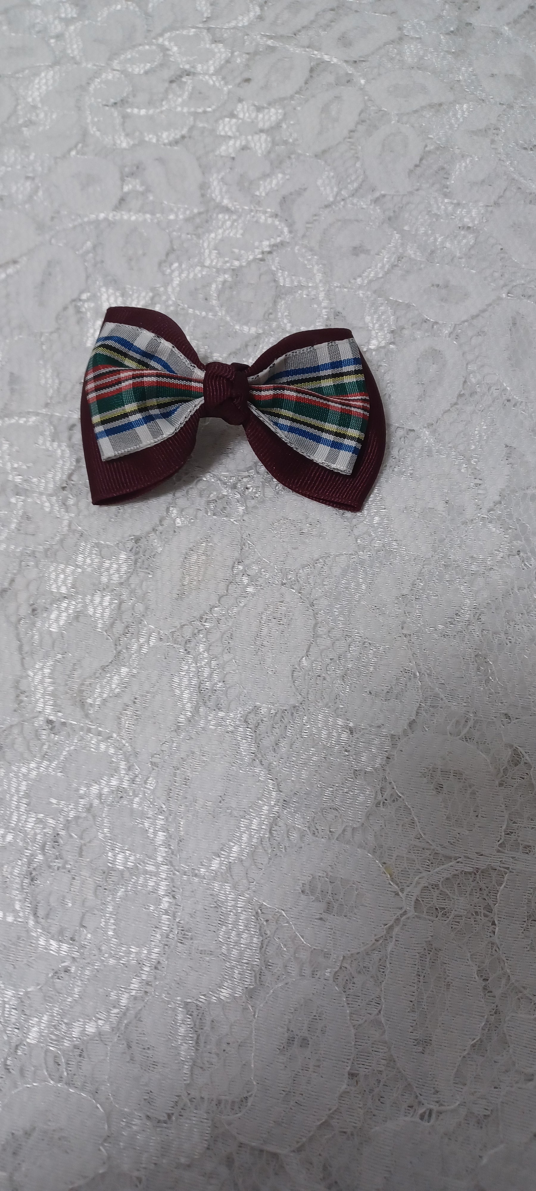 Burgundy Barrette Bow With Plaid Overlay On The Bow