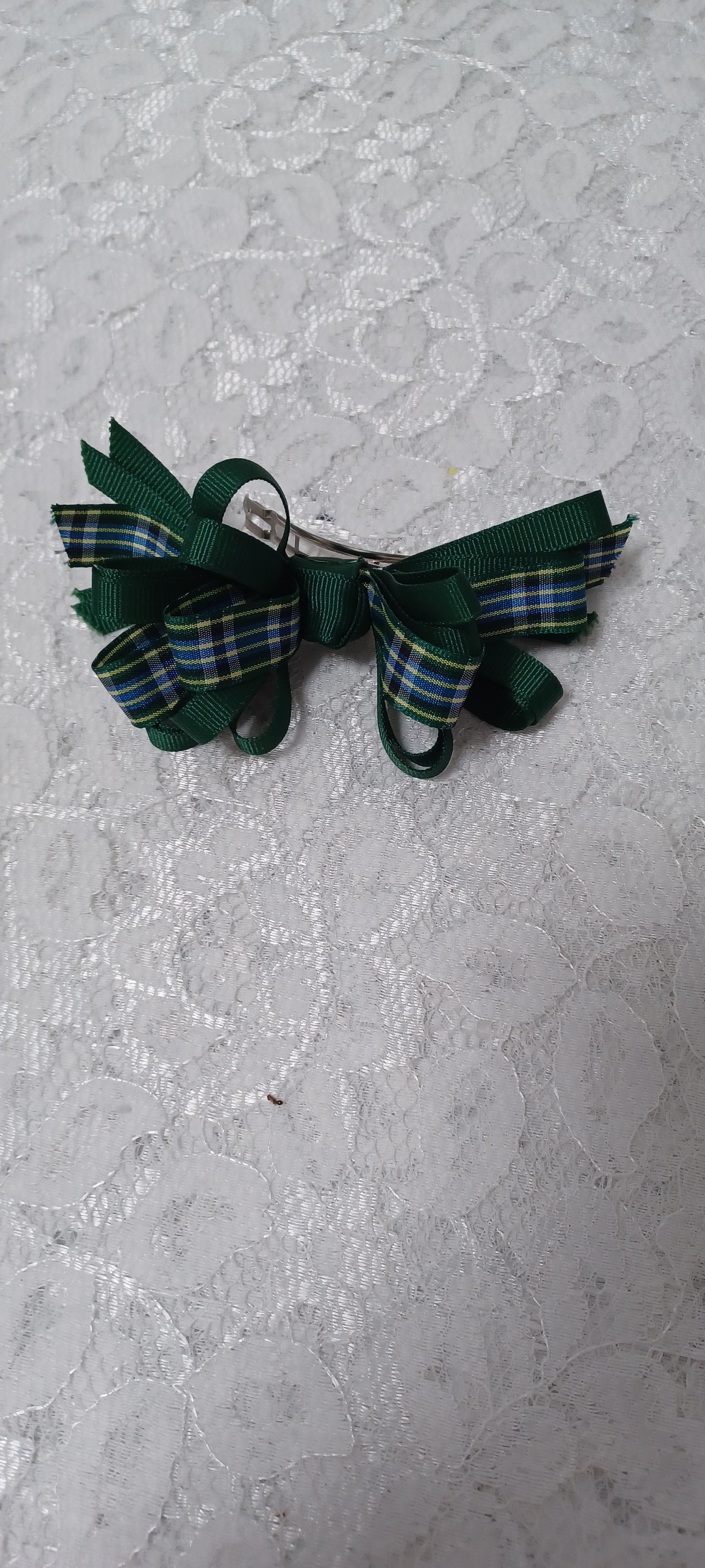 Green Barrette Hairbow With Plaid Ribbon