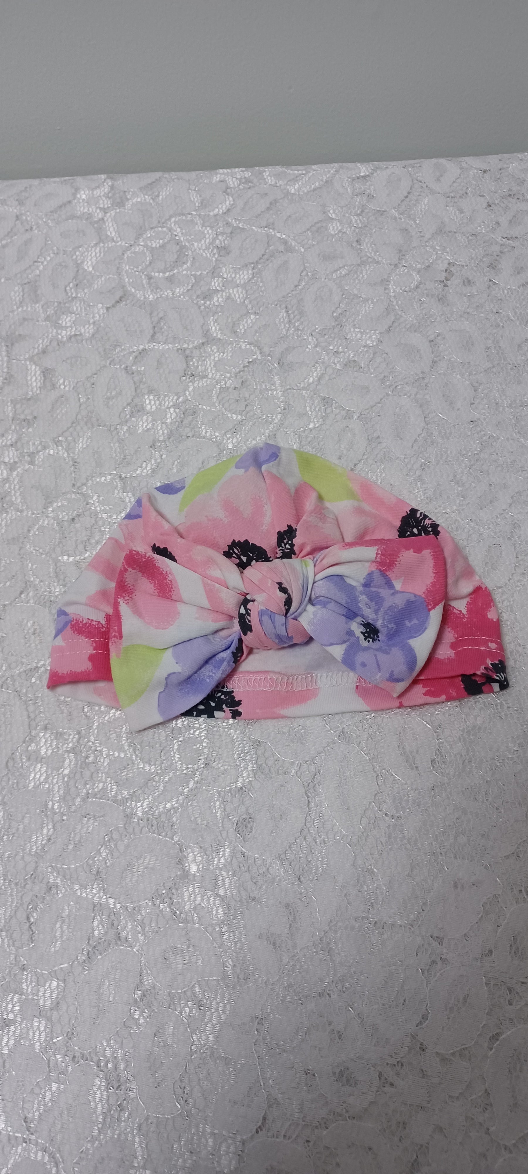 Girls Flower Print Knit Hat With Bow