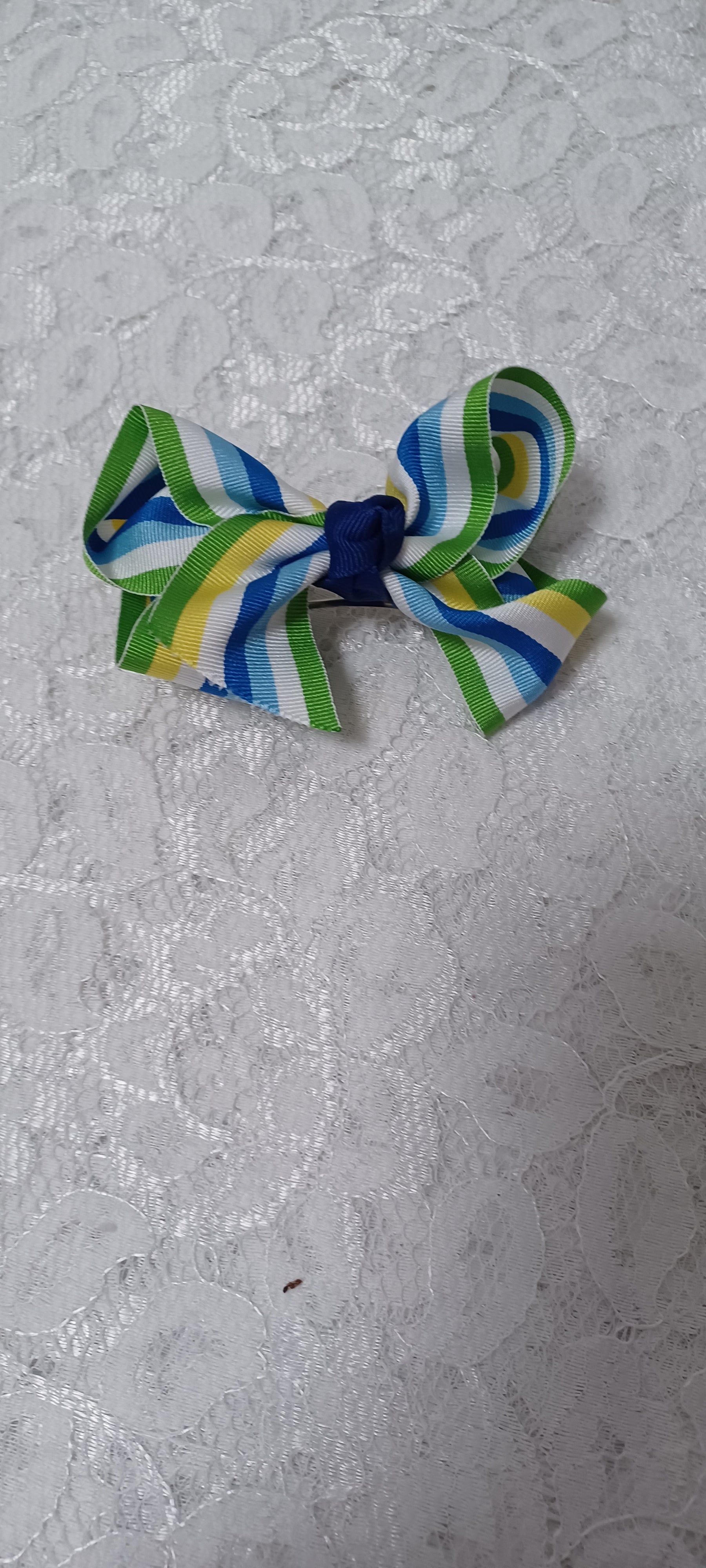 Lime Green White Blue Yellow Ribbon Barrette Hairbow