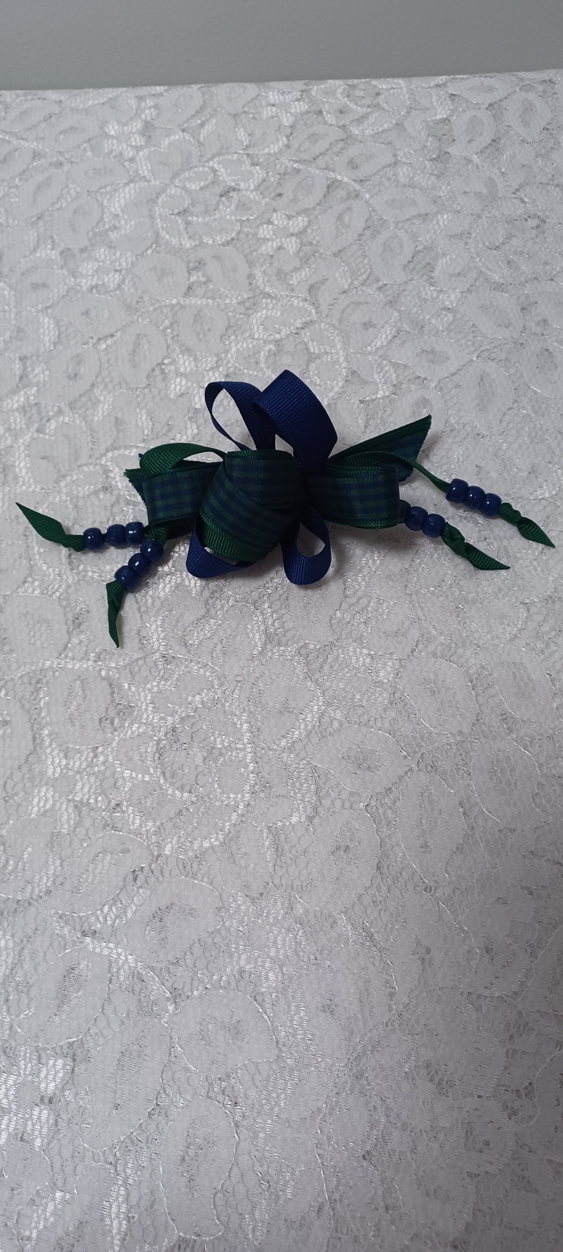 Navy And Green Barrette Hair Bow With Navy Beads