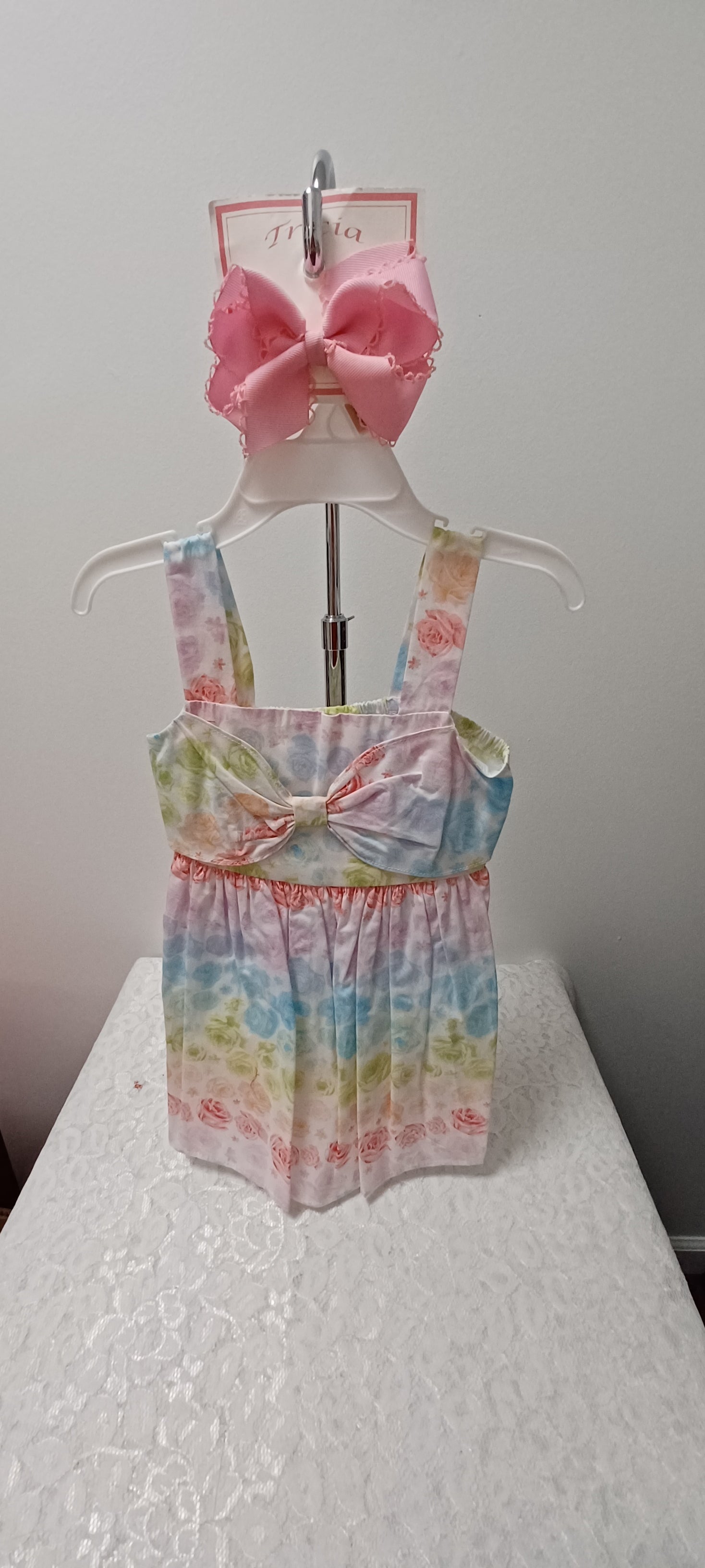 Girls Pastel Rose Print Fabric Sundress With Bow
