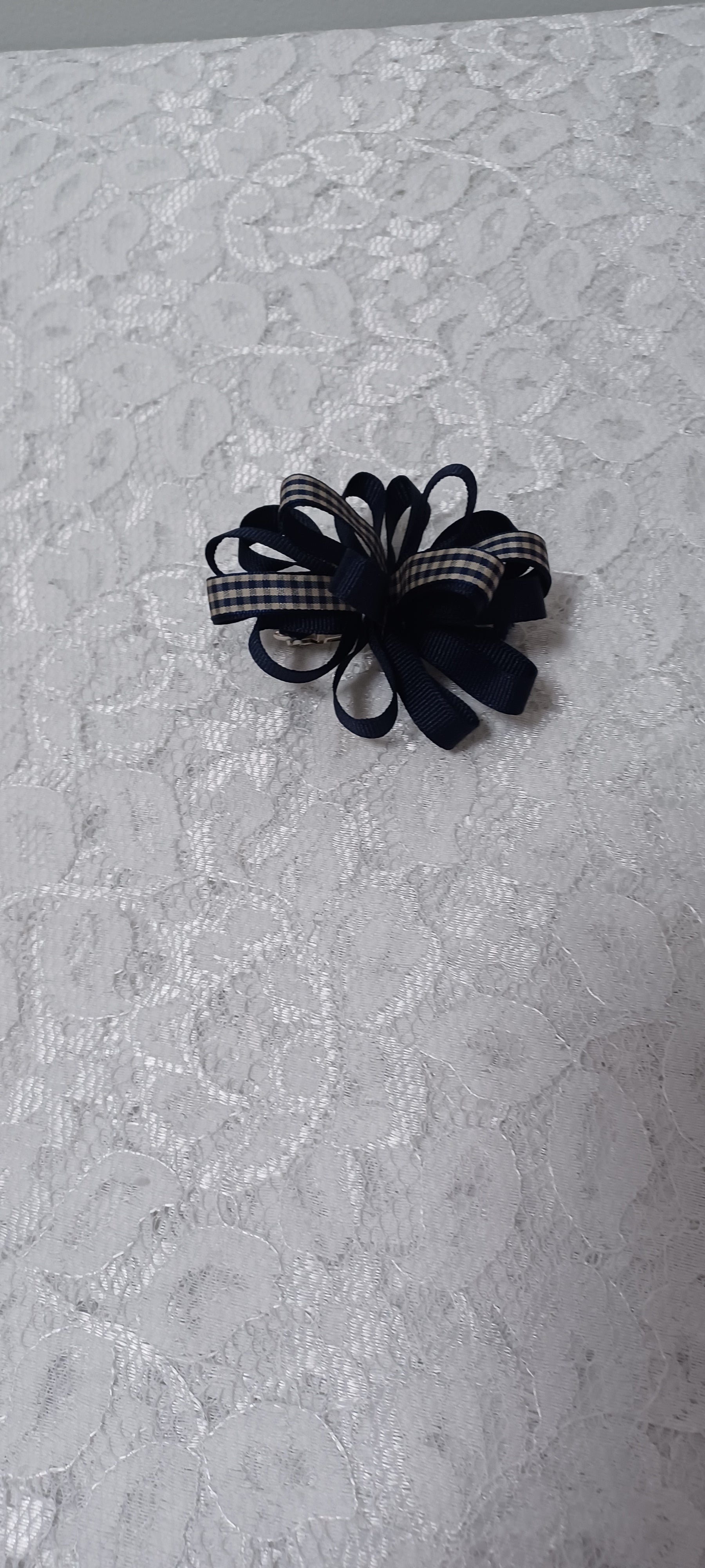 Navy And Tan Gingham Barrette Hair Bow