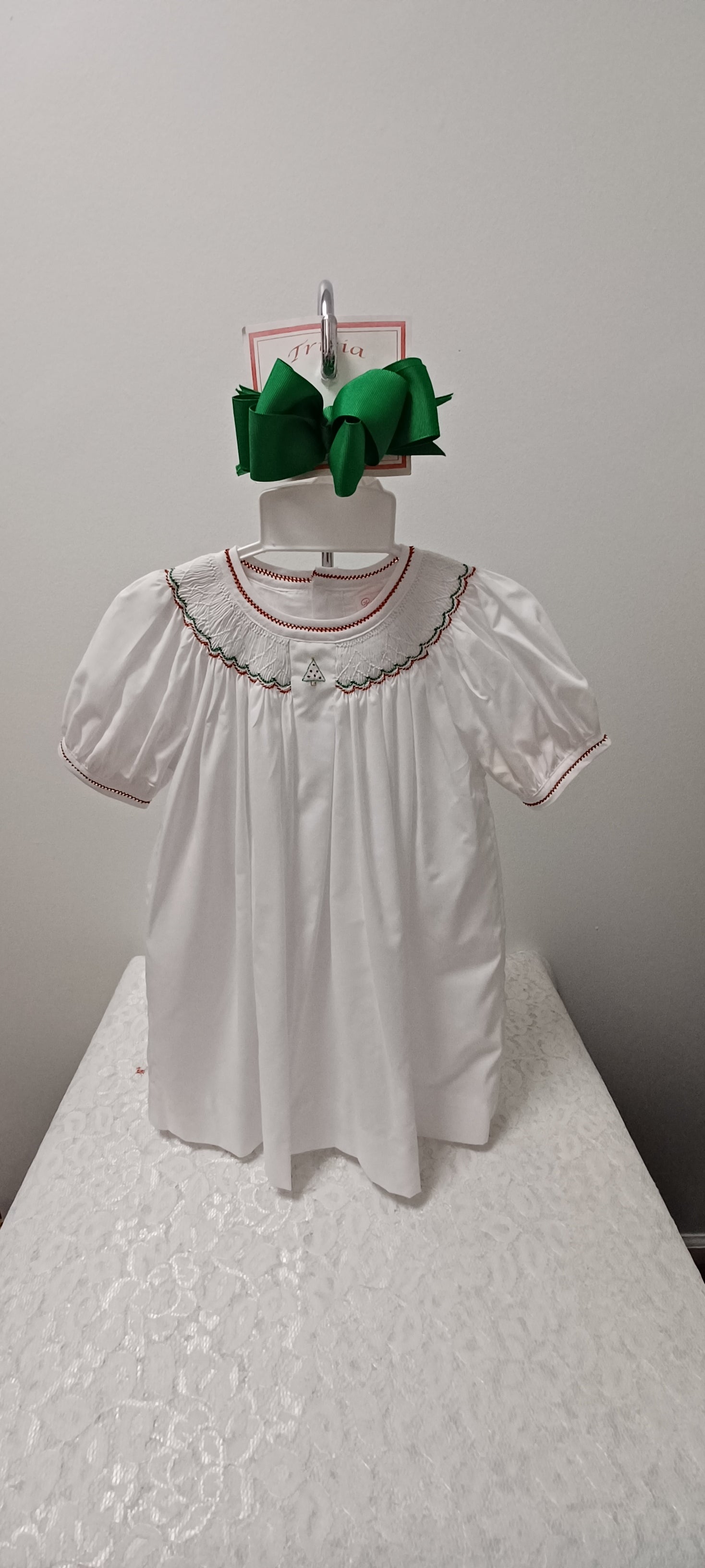 White Dress With Green and Red Smocking Embroidery Christmas Tree