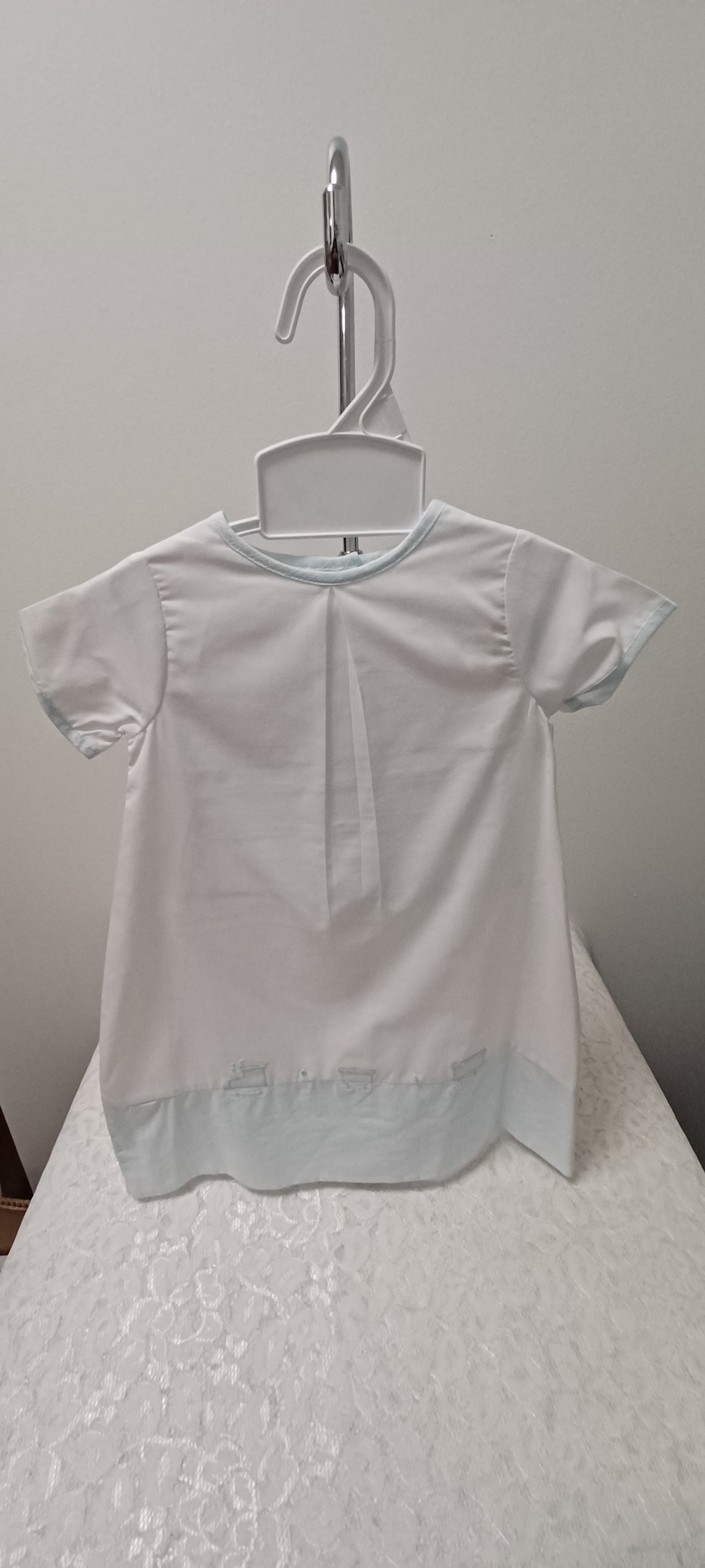 Newborn White Gown With Blue Trim With Applique Train