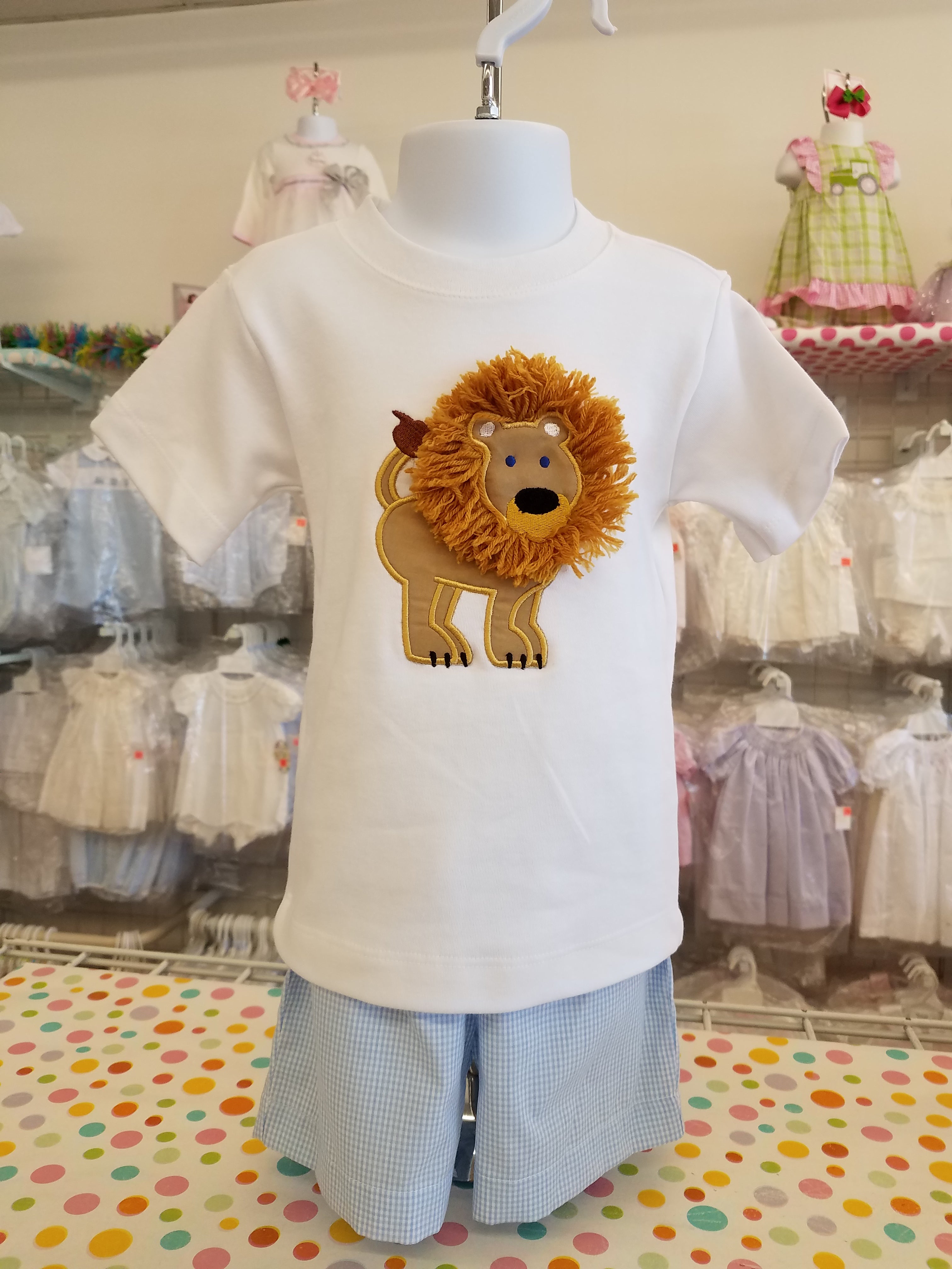Boys Blue And White Gingham Short Set With Lion Applique