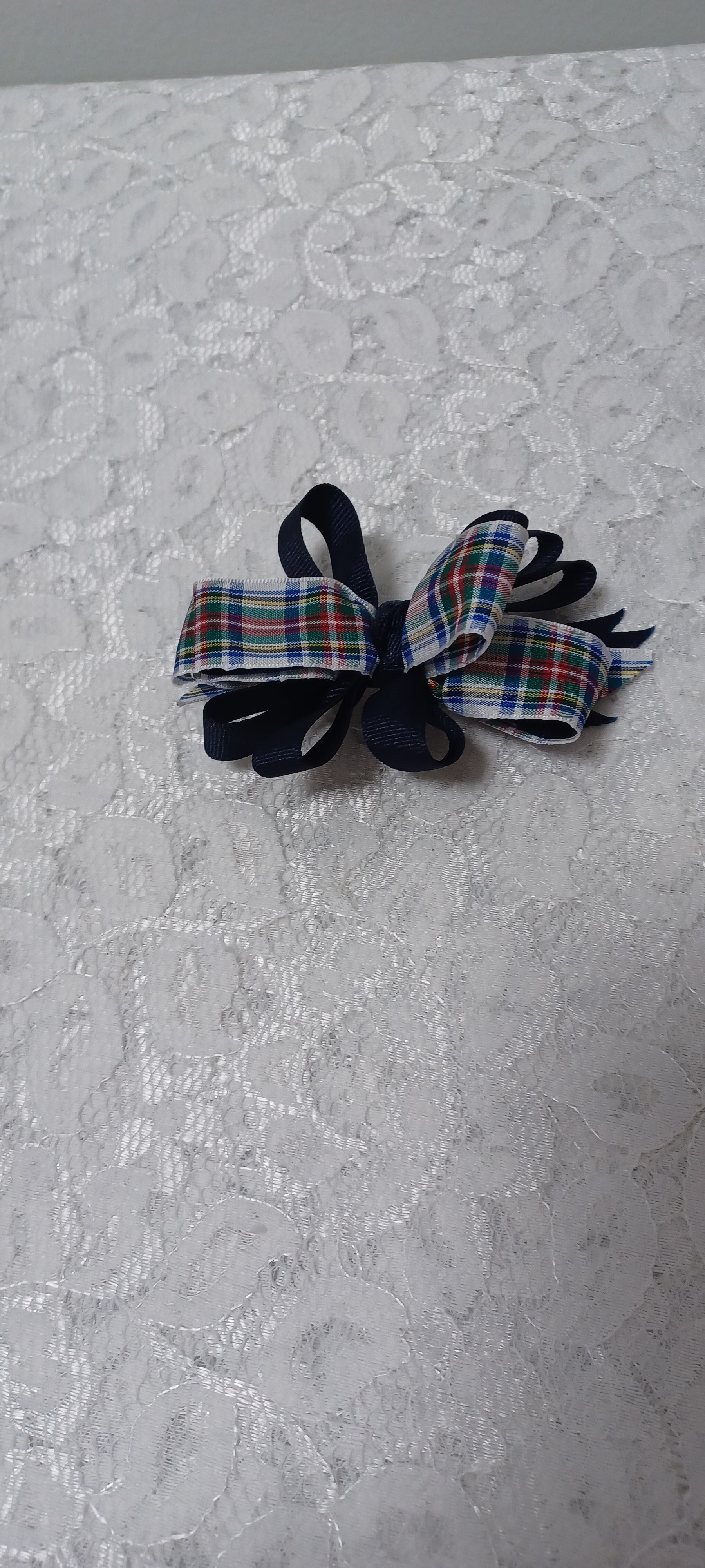 Navy Plaid Barrette Hair Bow