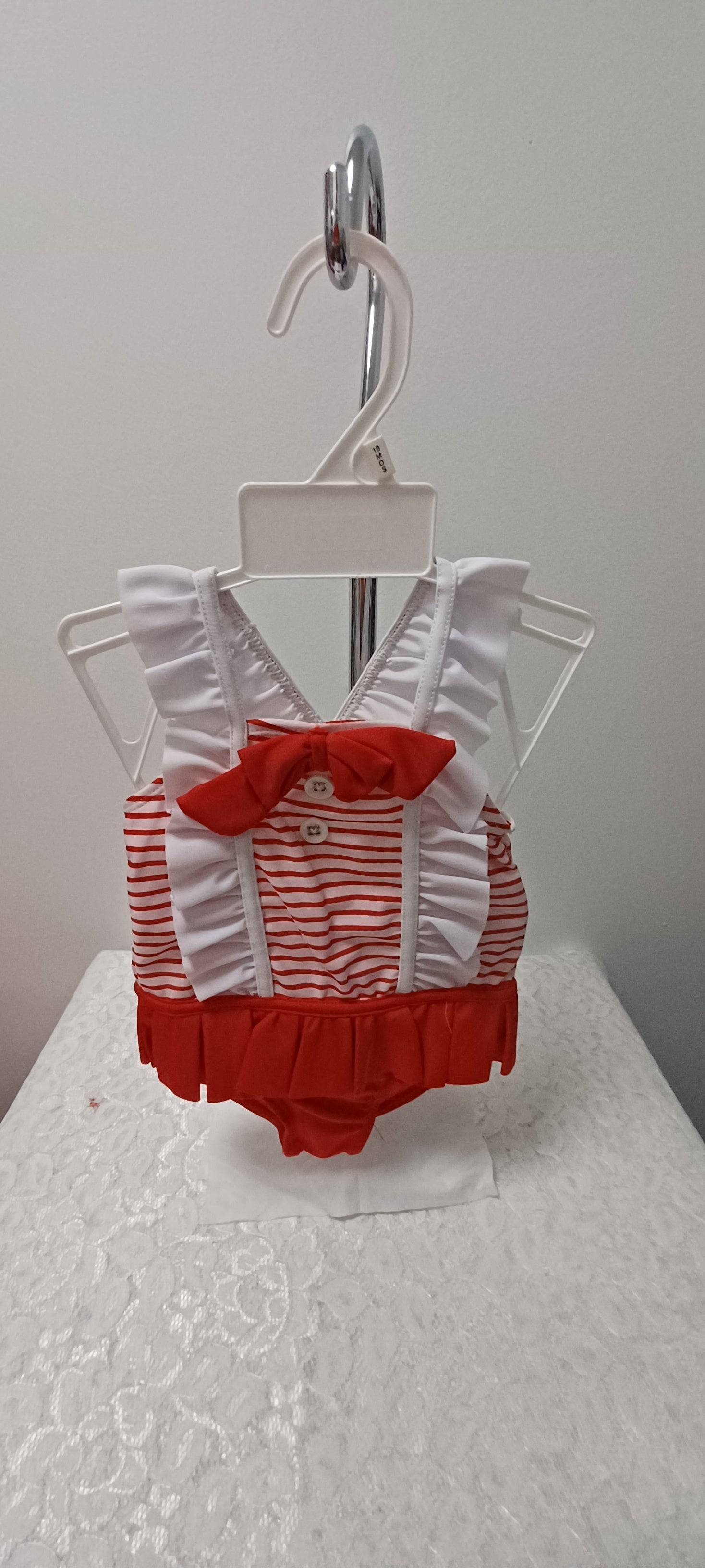 Girls Red and White Swimsuit With Ruffles and Red Bow
