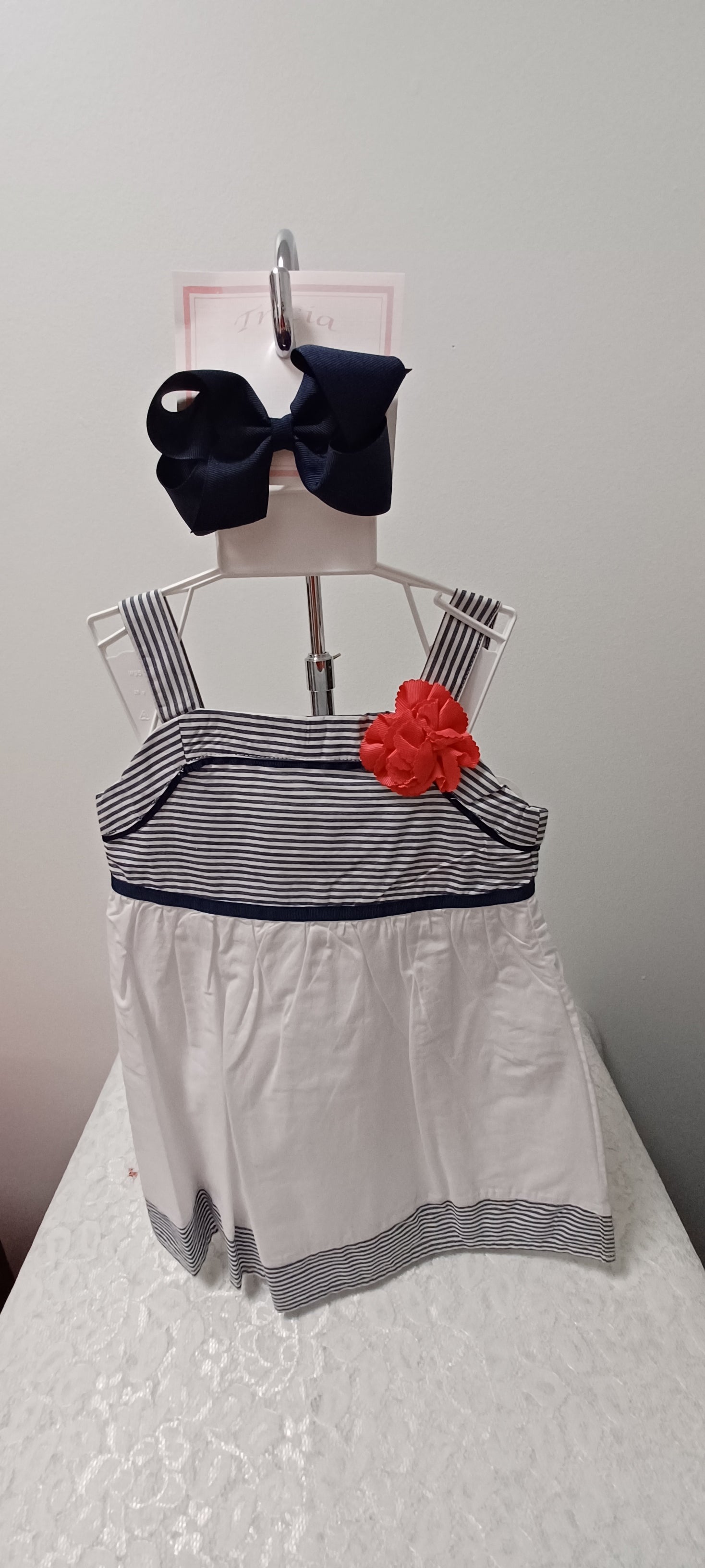 Girls Navy and White Stripe Sundress With Pink Flower